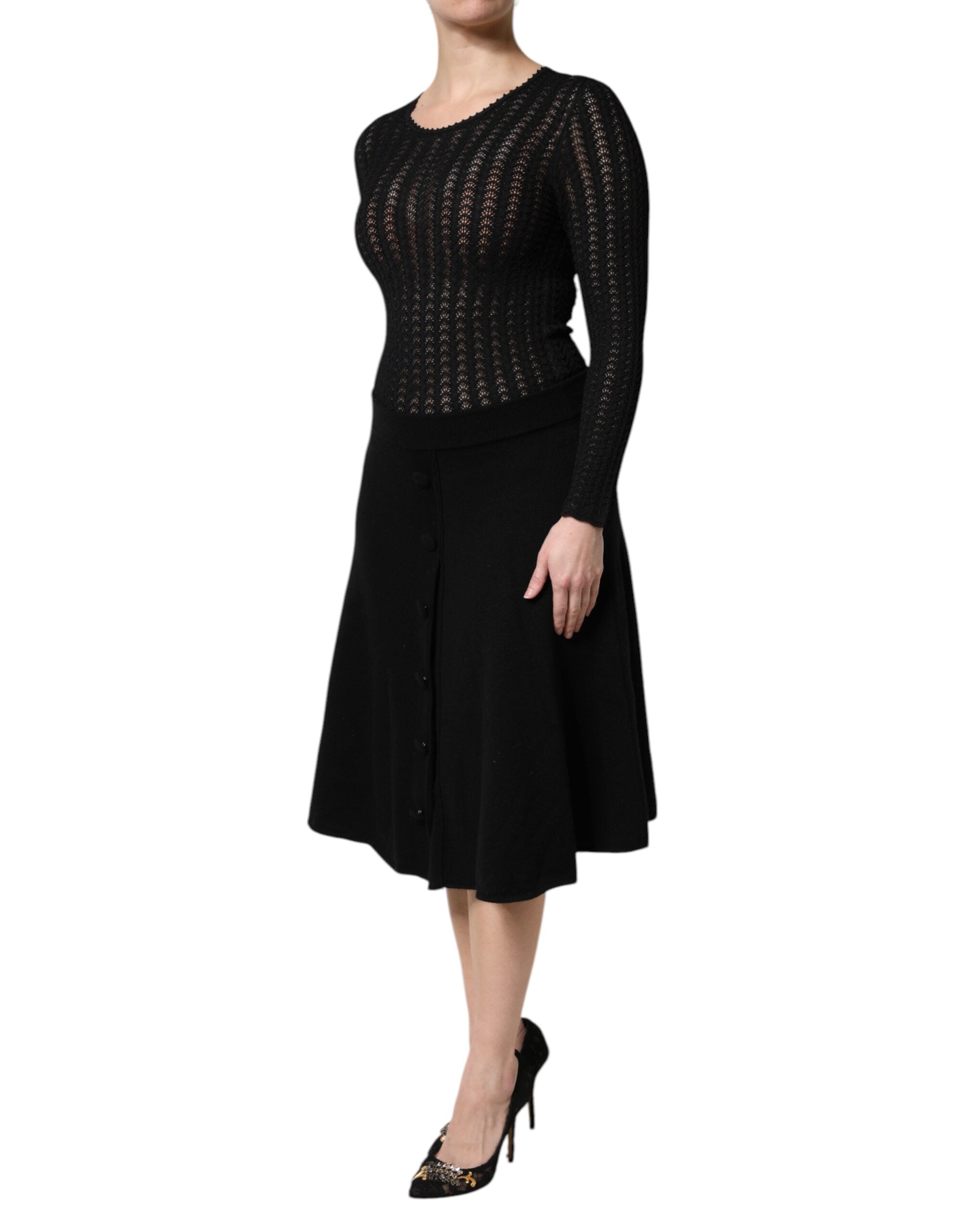 Dolce & Gabbana Schwarzes Midikleid aus Kaschmir mit langen Ärmeln in A-Linie