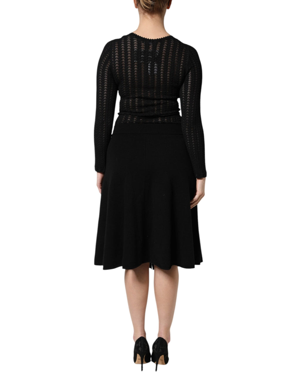 Dolce & Gabbana Schwarzes Midikleid aus Kaschmir mit langen Ärmeln in A-Linie