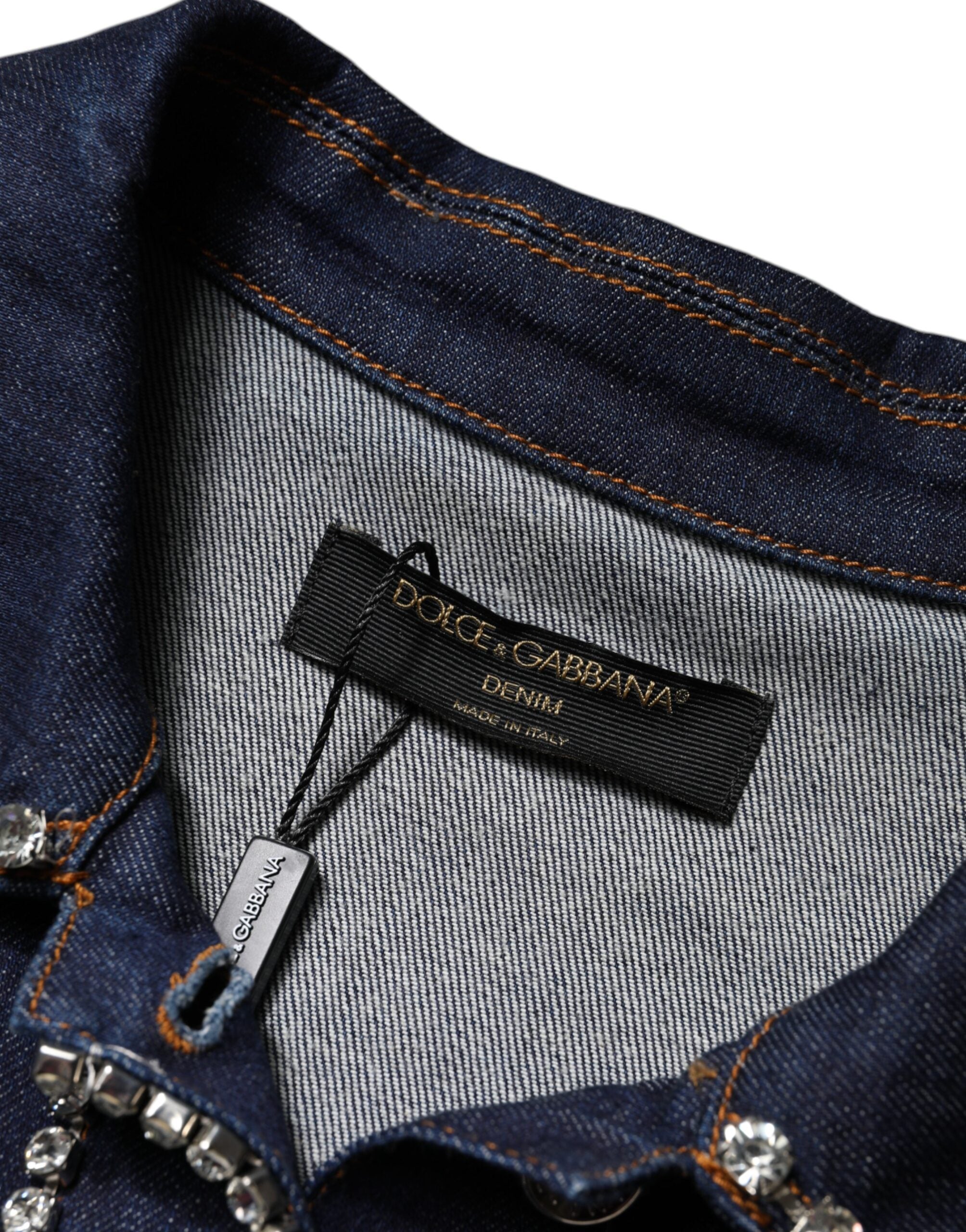 Dolce & Gabbana Blaue Denim-Baumwolljacke mit Kristallverzierung