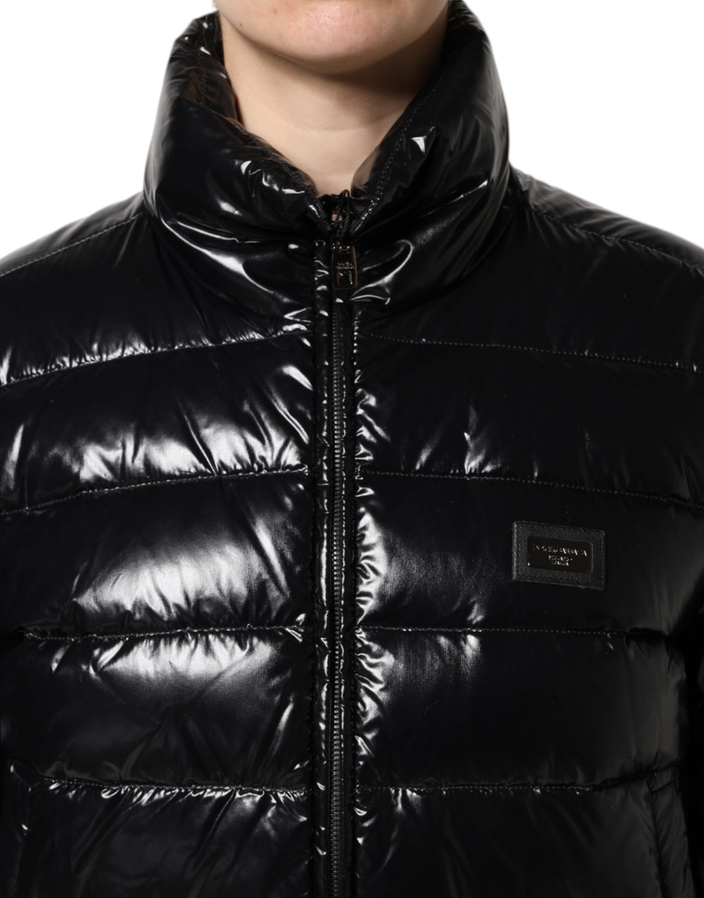 Dolce & Gabbana Schwarze Logo-Plakette Full Zip Pufferjacke