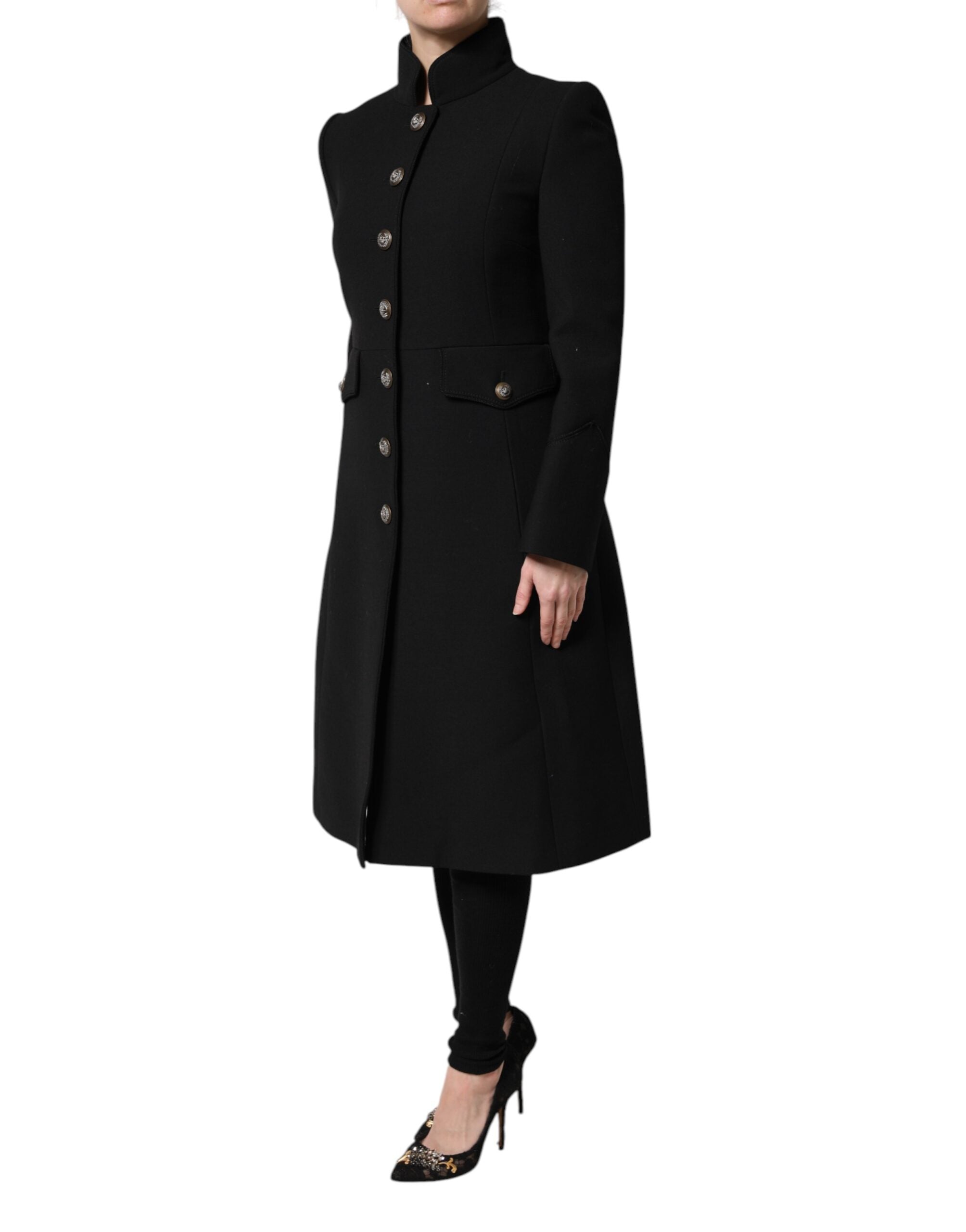 Dolce & Gabbana Schwarzer einreihiger Trenchcoat aus Wolle