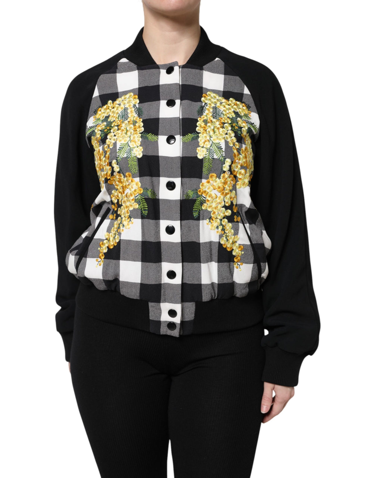 Dolce & Gabbana Jacke mit Blumenmuster und Karomuster in Schwarz-Weiß mit Knopfleiste