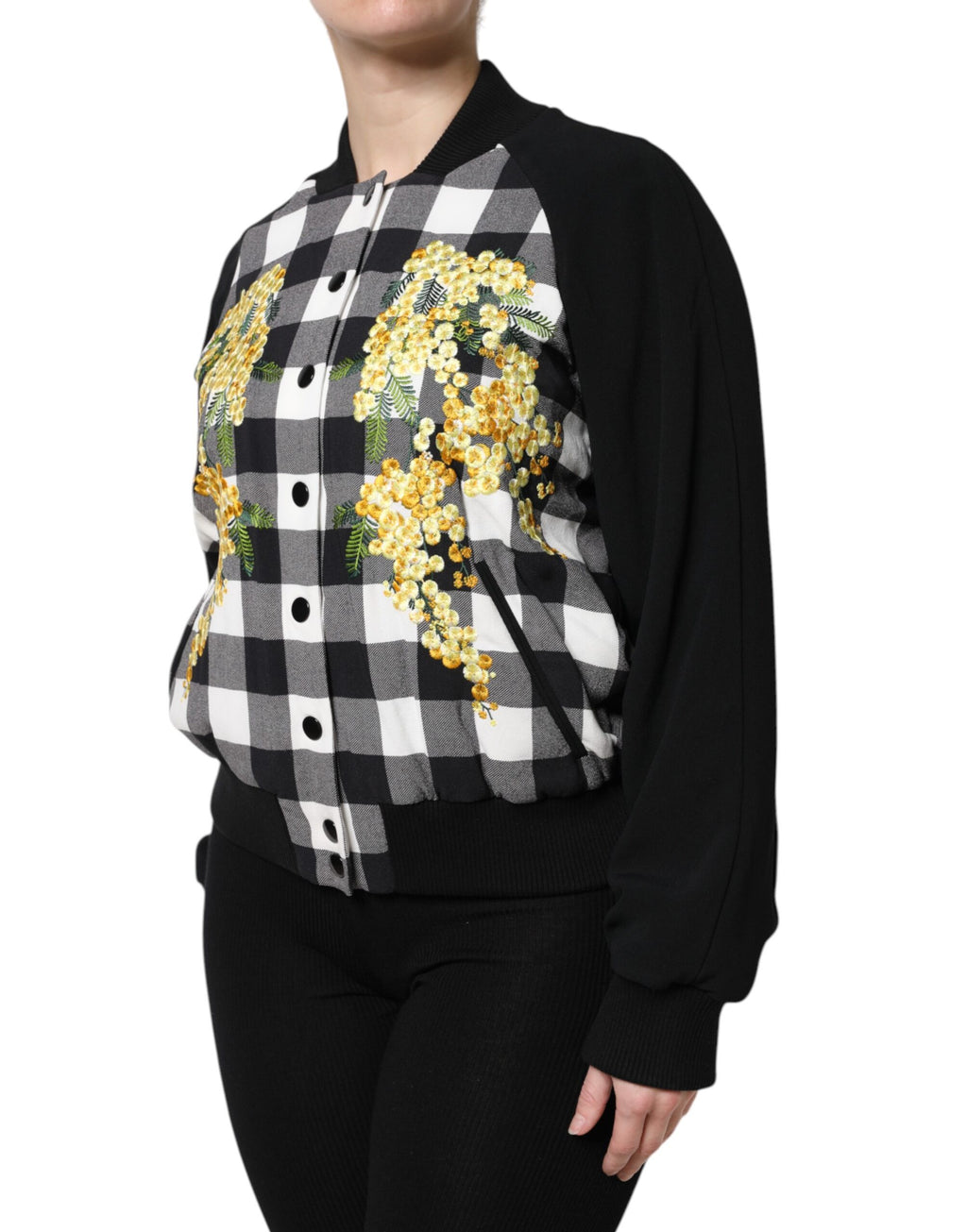 Dolce & Gabbana Jacke mit Blumenmuster und Karomuster in Schwarz-Weiß mit Knopfleiste