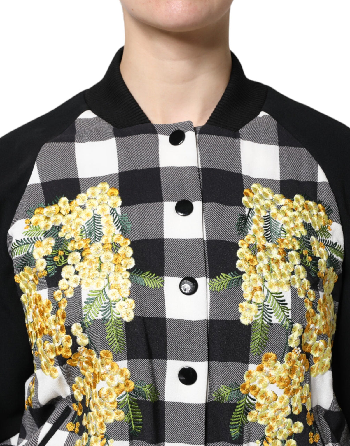 Dolce & Gabbana Jacke mit Blumenmuster und Karomuster in Schwarz-Weiß mit Knopfleiste