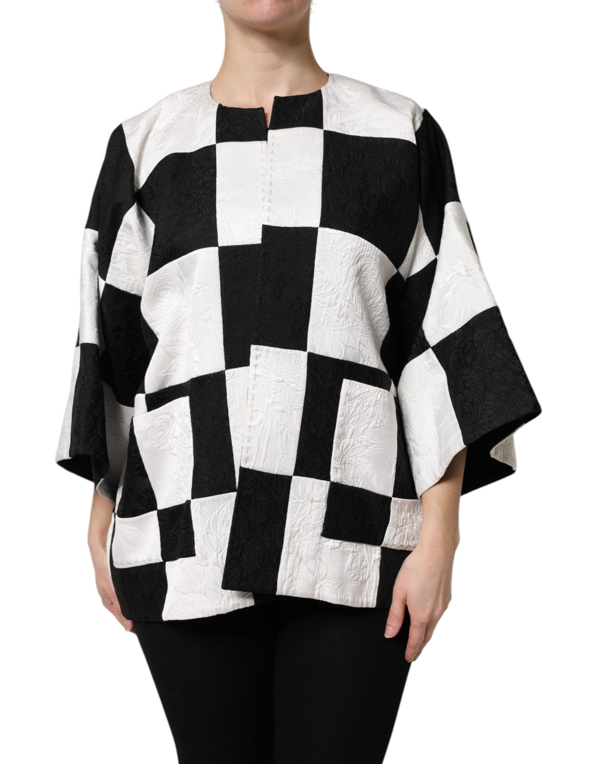 Dolce & Gabbana Weiß Schwarz Patchwork Jacquard-Blazerjacke