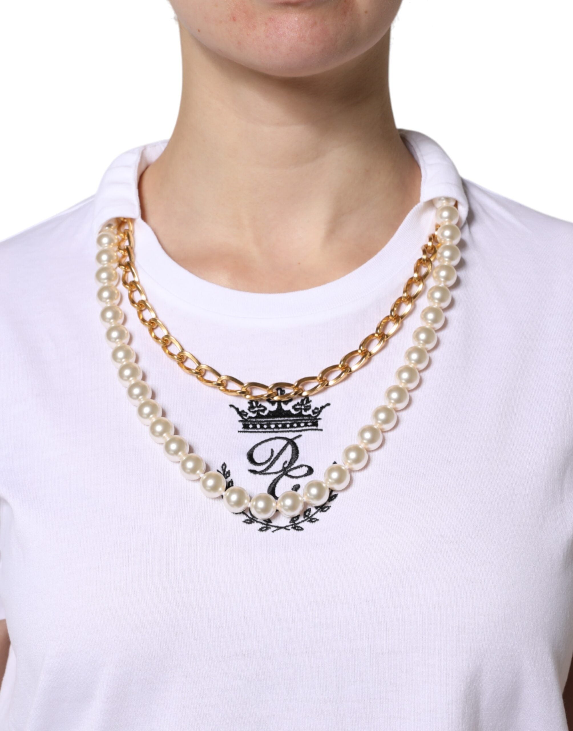 Dolce & Gabbana Weißes Ketten-Perlen-Baumwoll-T-Shirt mit Rundhalsausschnitt