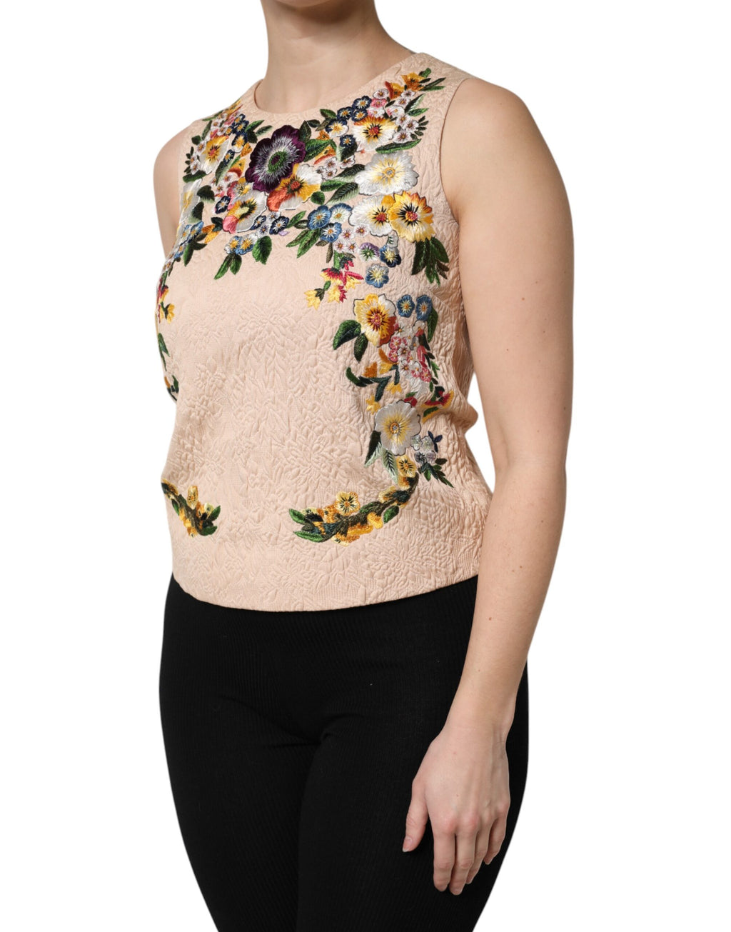 Dolce & Gabbana Beigefarbenes ärmelloses Tank-Top mit Blumenstickerei