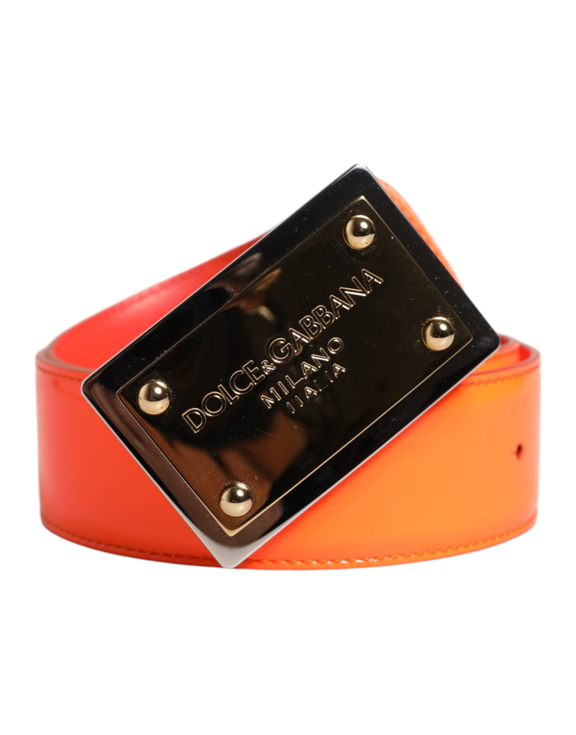 Dolce & Gabbana Orangefarbener goldfarbener Gürtel mit Logoschnalle aus Metall