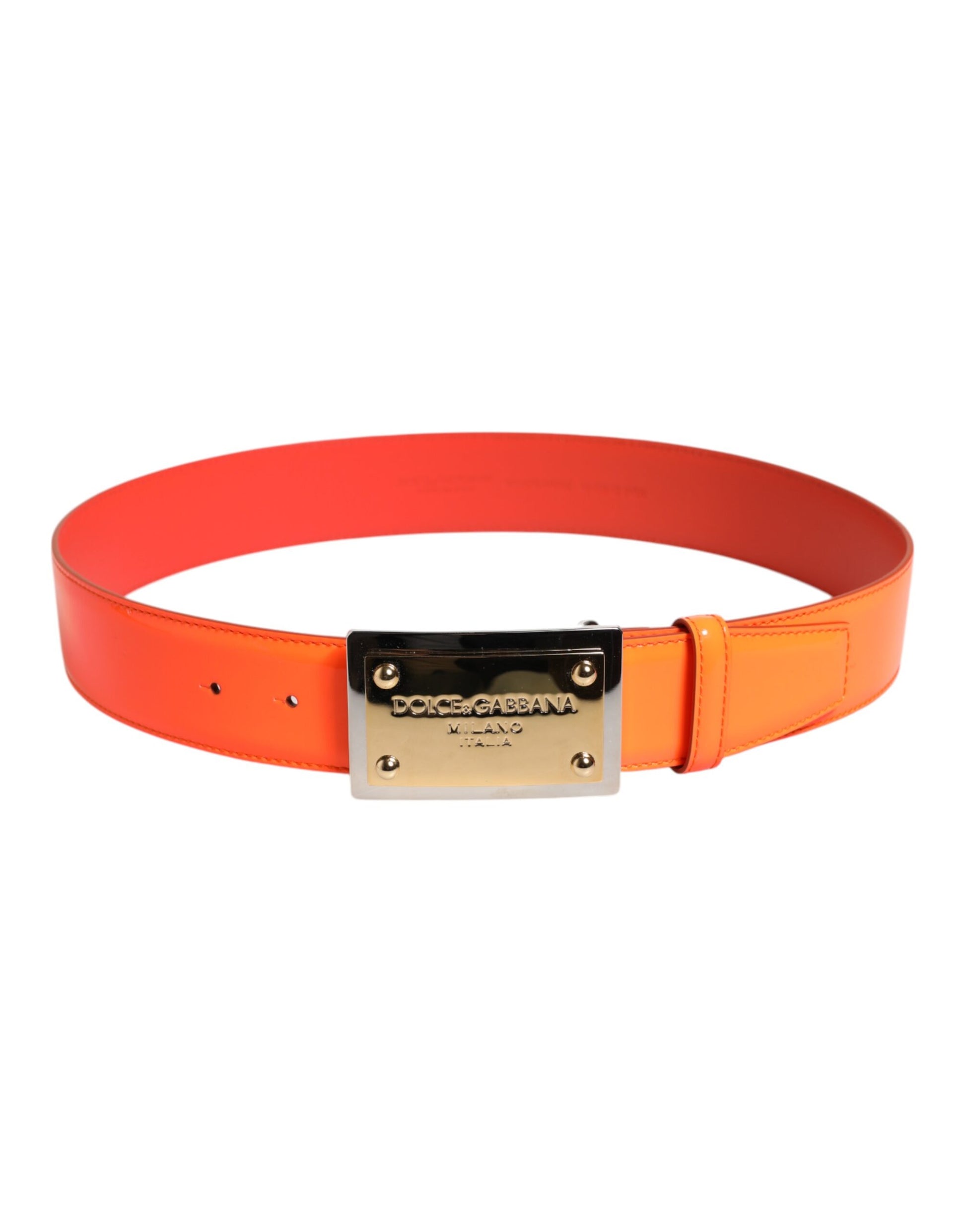 Dolce & Gabbana Orangefarbener goldfarbener Gürtel mit Logoschnalle aus Metall