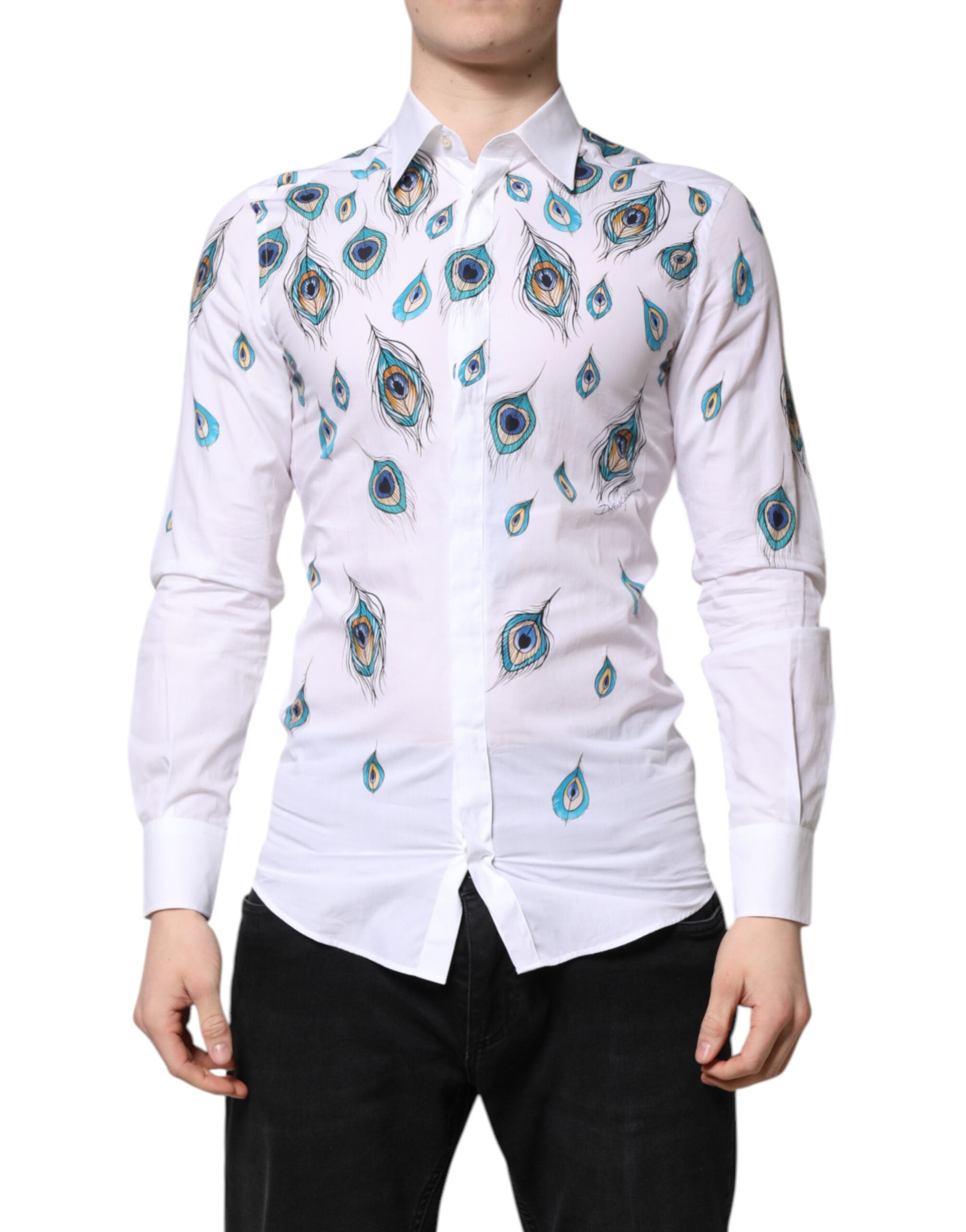 Dolce & Gabbana Weißes Baumwollhemd mit Federmuster GOLD