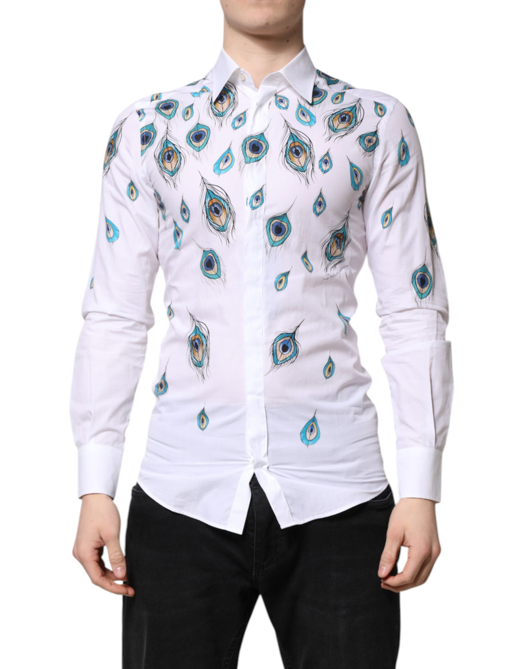 Dolce & Gabbana Weißes Baumwollhemd mit Federmuster GOLD