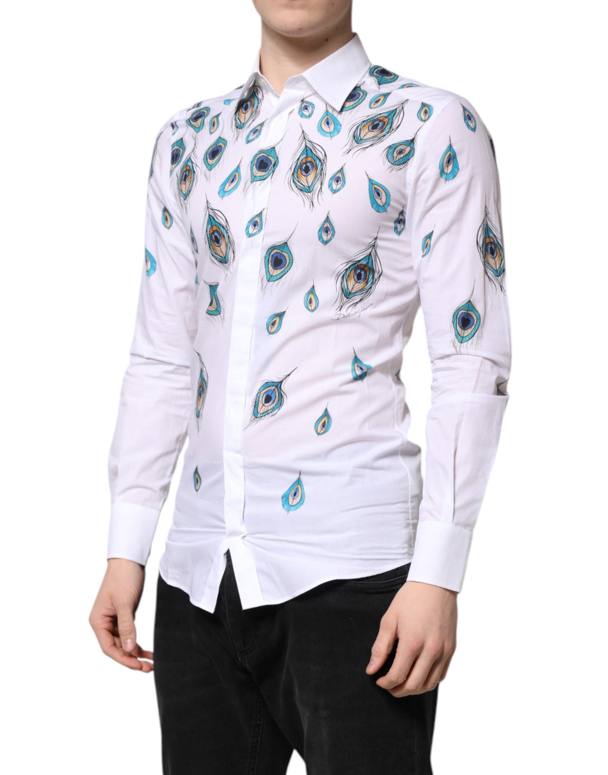 Dolce & Gabbana Weißes Baumwollhemd mit Federmuster GOLD