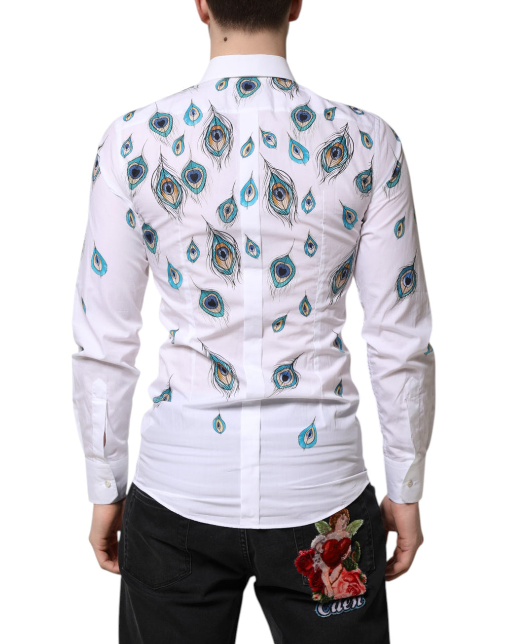 Dolce & Gabbana Weißes Baumwollhemd mit Federmuster GOLD