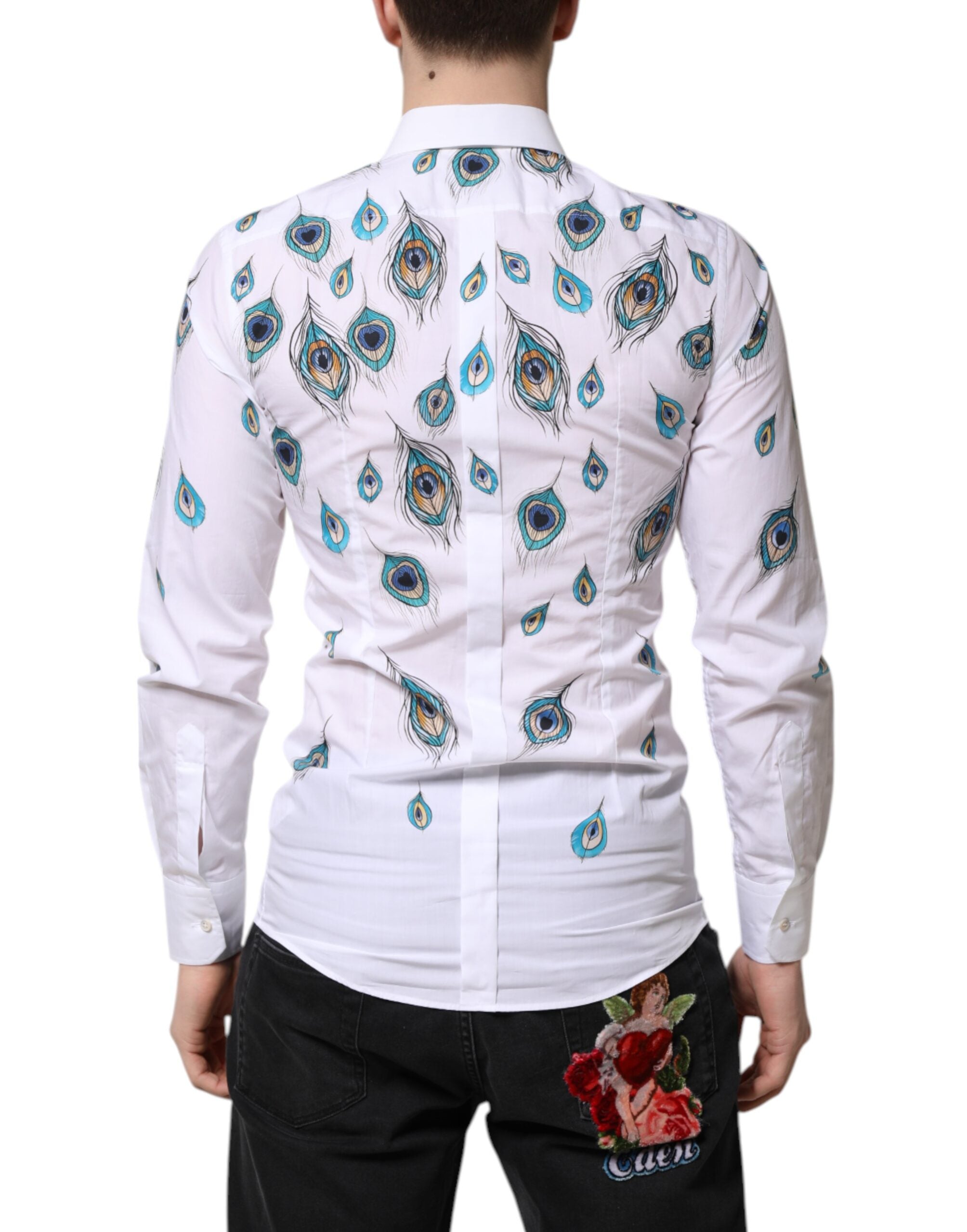 Dolce & Gabbana Weißes Baumwollhemd mit Federmuster GOLD