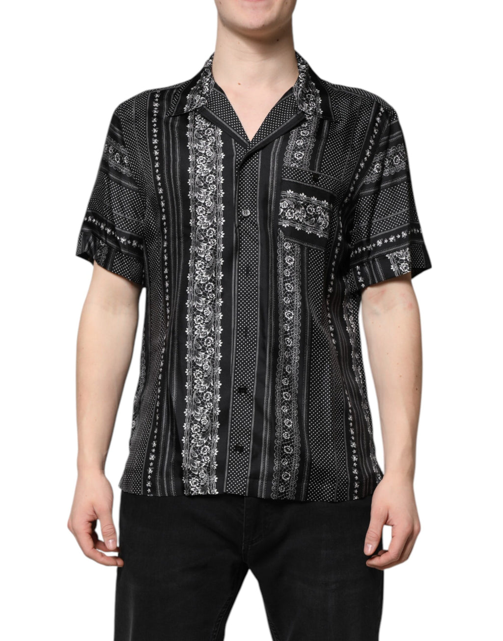 Dolce & Gabbana Schwarzes Seidenhemd mit Blumendruck und kurzen Ärmeln
