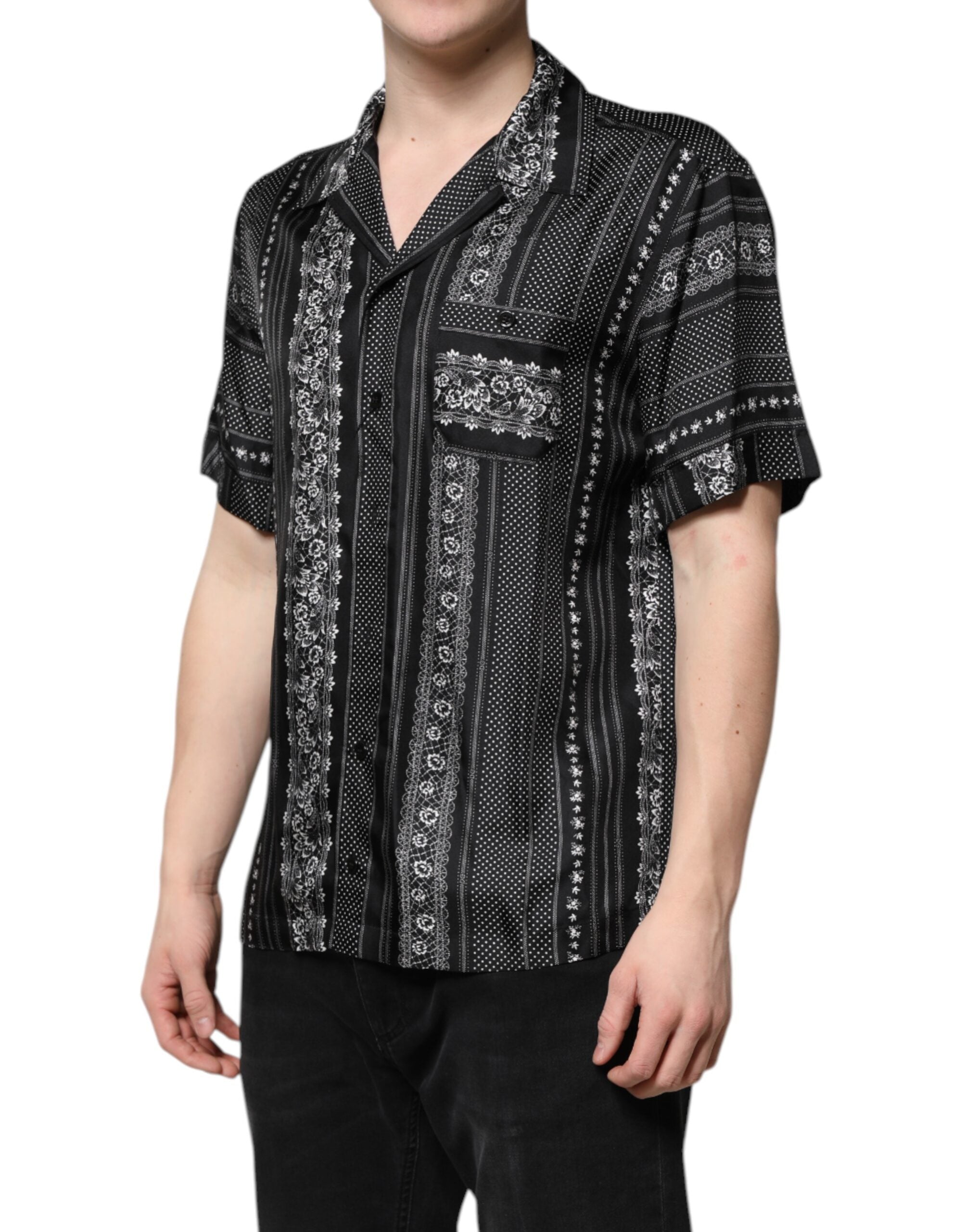 Dolce & Gabbana Schwarzes Seidenhemd mit Blumendruck und kurzen Ärmeln