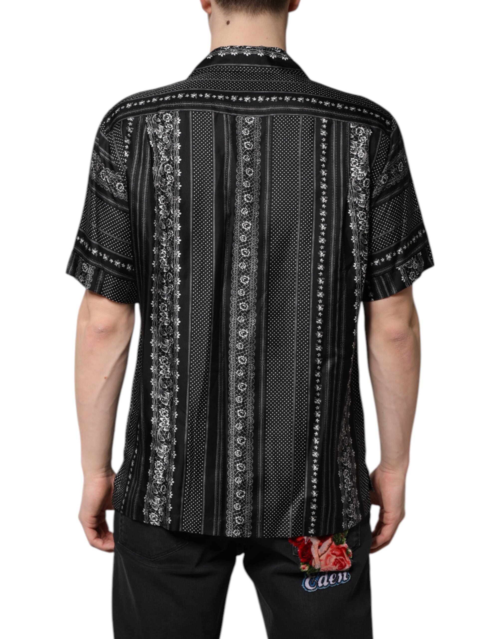 Dolce & Gabbana Schwarzes Seidenhemd mit Blumendruck und kurzen Ärmeln