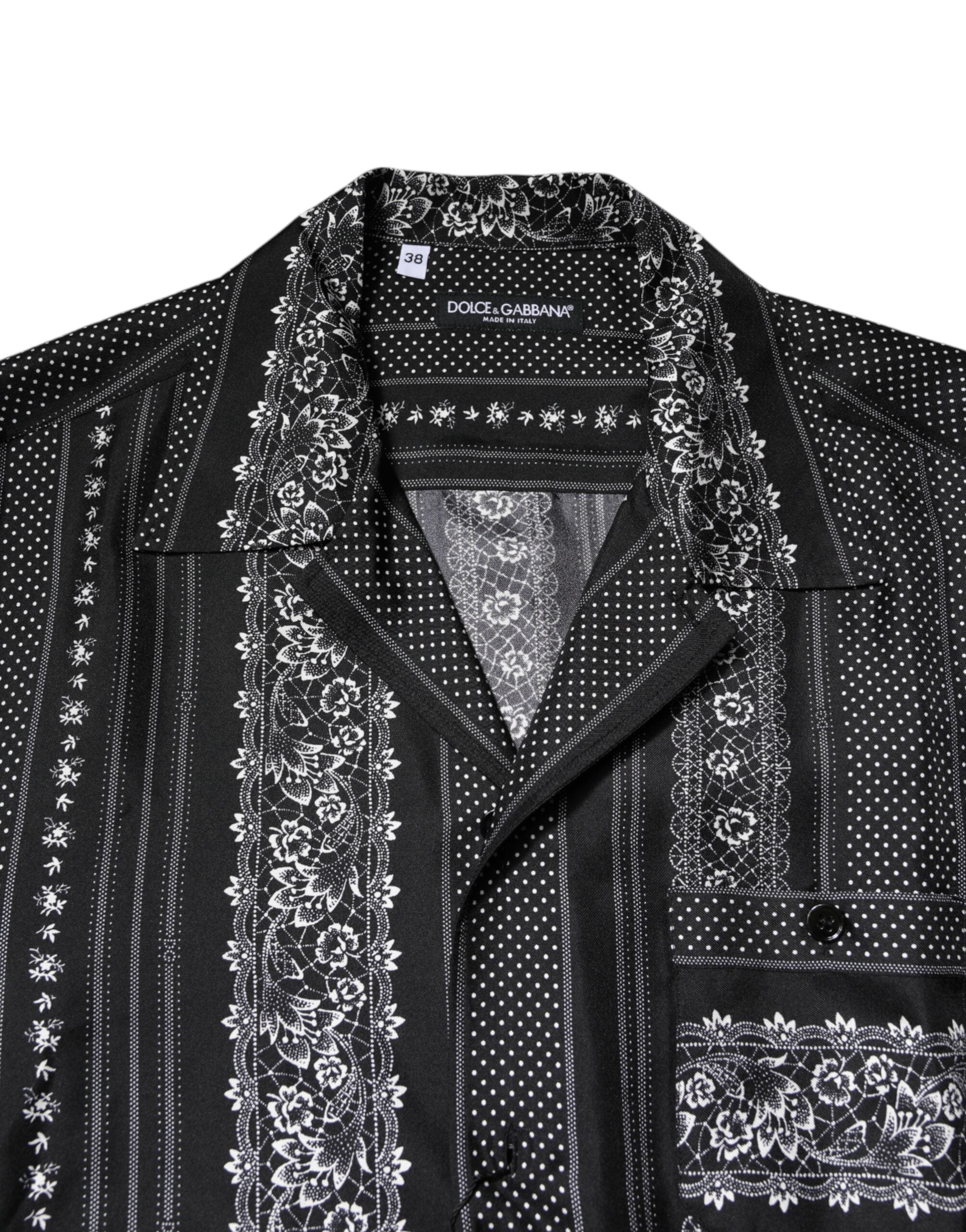 Dolce & Gabbana Schwarzes Seidenhemd mit Blumendruck und kurzen Ärmeln