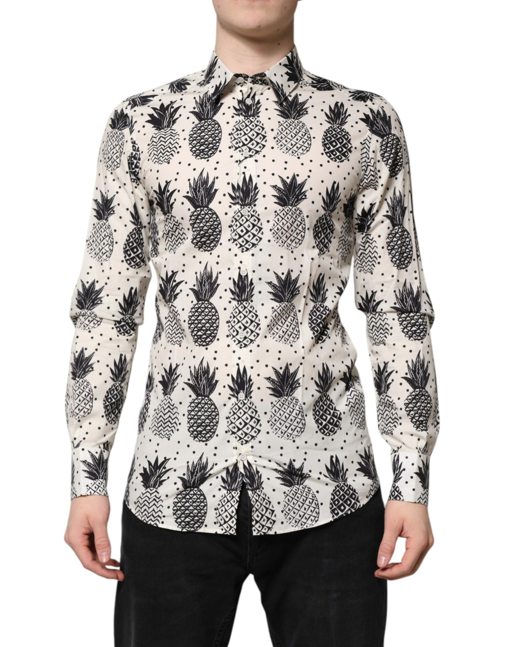 Dolce & Gabbana Weißes langärmeliges GOLD-Shirt mit Ananasdruck