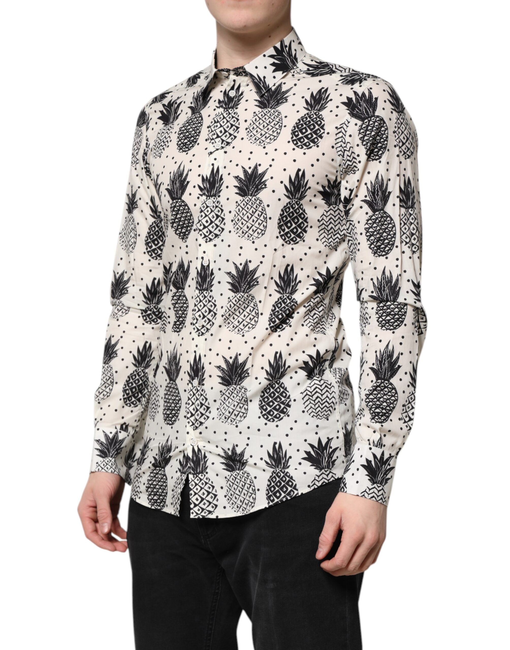 Dolce & Gabbana Weißes langärmeliges GOLD-Shirt mit Ananasdruck