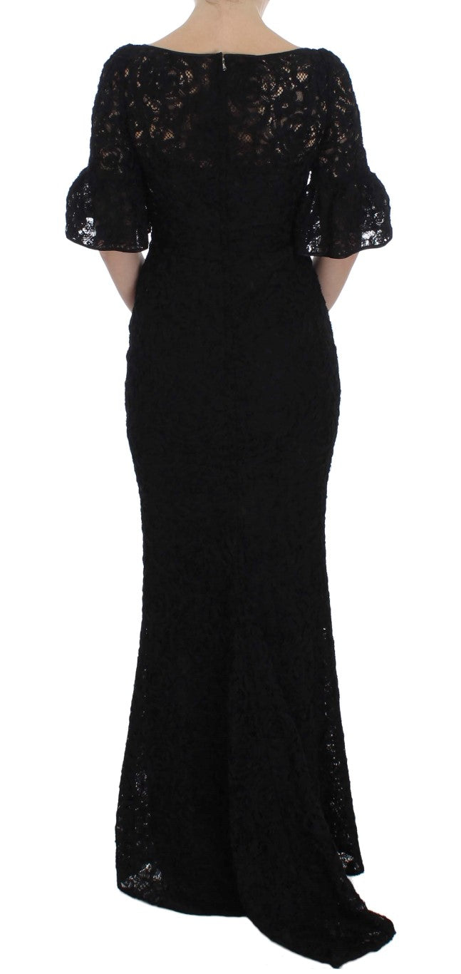 Dolce & Gabbana Schwarzes geblümtes langes Bodycon-Maxi-Kleid aus Spitze
