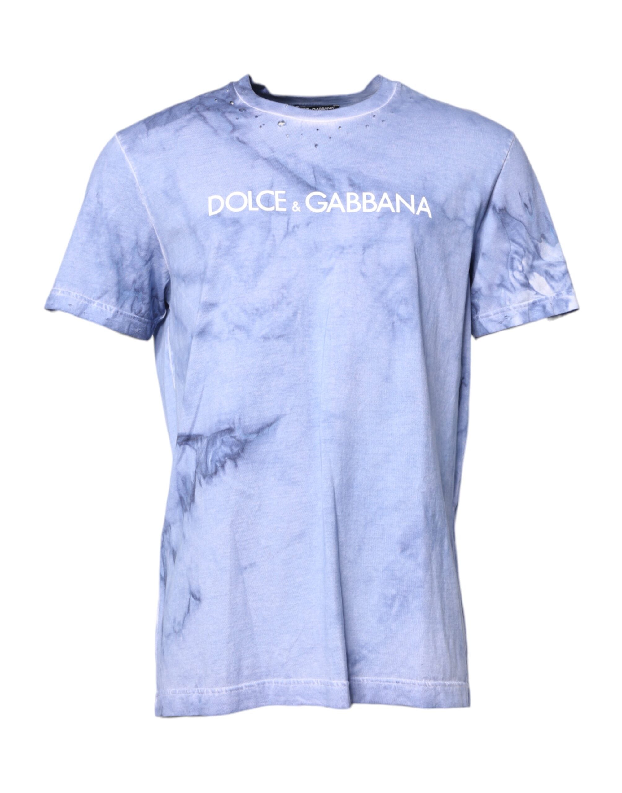 Dolce & Gabbana Blaues T-Shirt mit Rundhalsausschnitt und Logodruck aus Baumwolle
