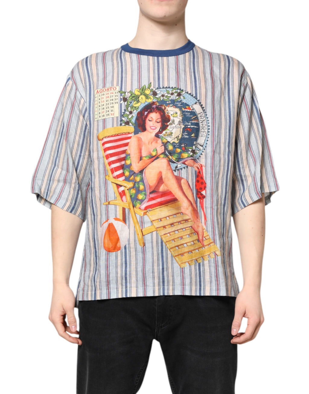Dolce & Gabbana Mehrfarbig gestreiftes Pin Up Leinen-T-Shirt mit Rundhalsausschnitt