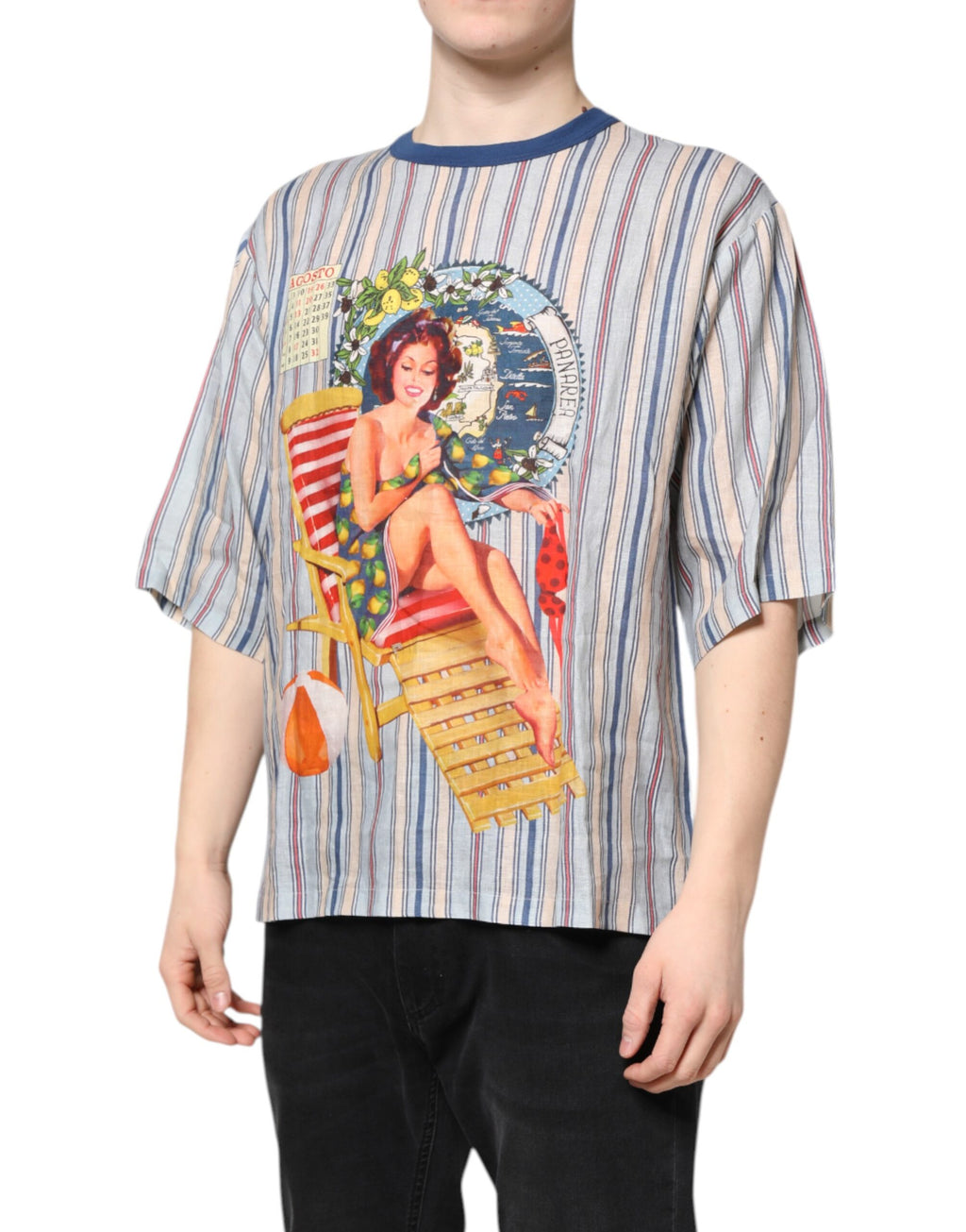 Dolce & Gabbana Mehrfarbig gestreiftes Pin Up Leinen-T-Shirt mit Rundhalsausschnitt