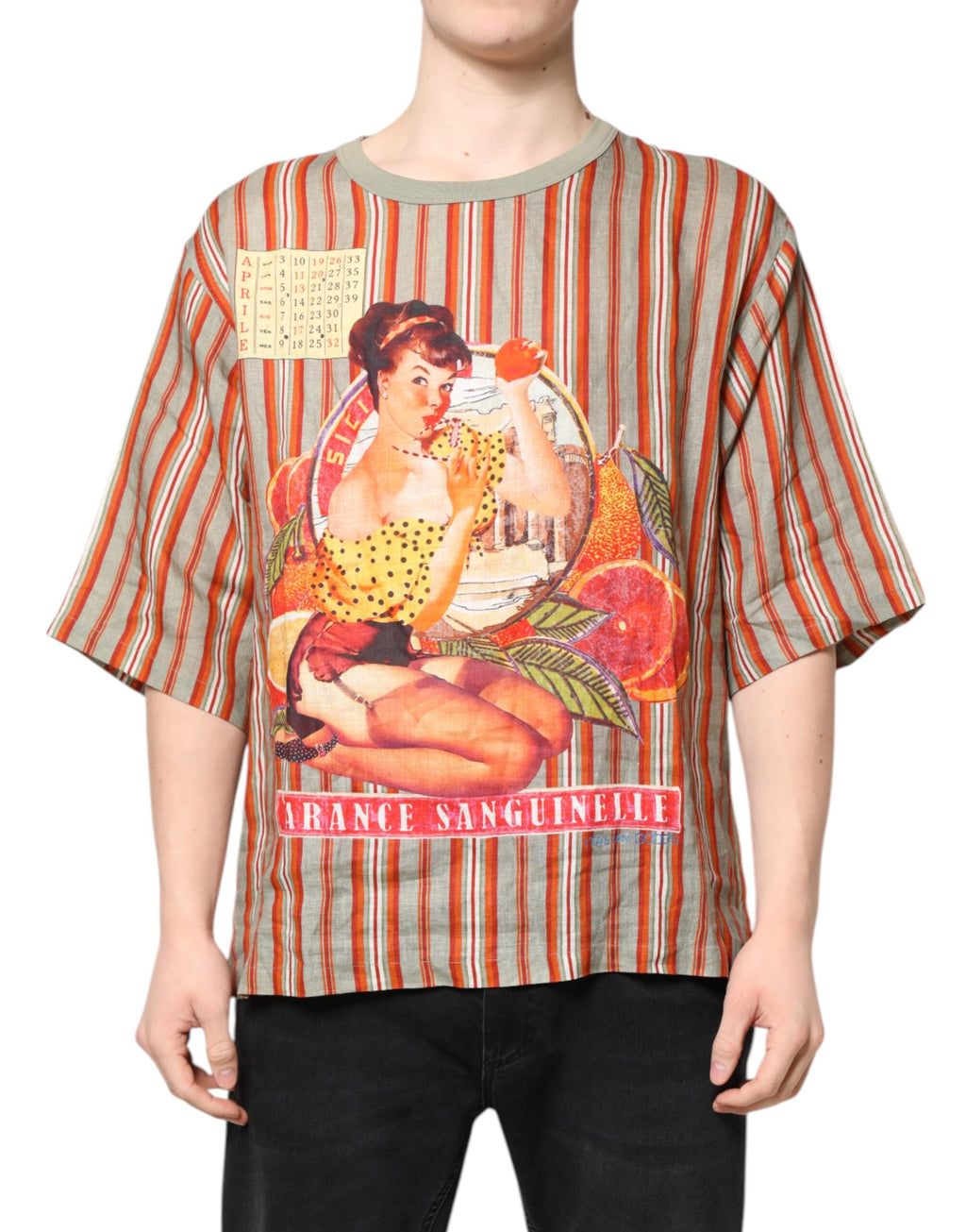 Dolce & Gabbana Mehrfarbig gestreiftes grafisches Leinen-T-Shirt mit Rundhalsausschnitt