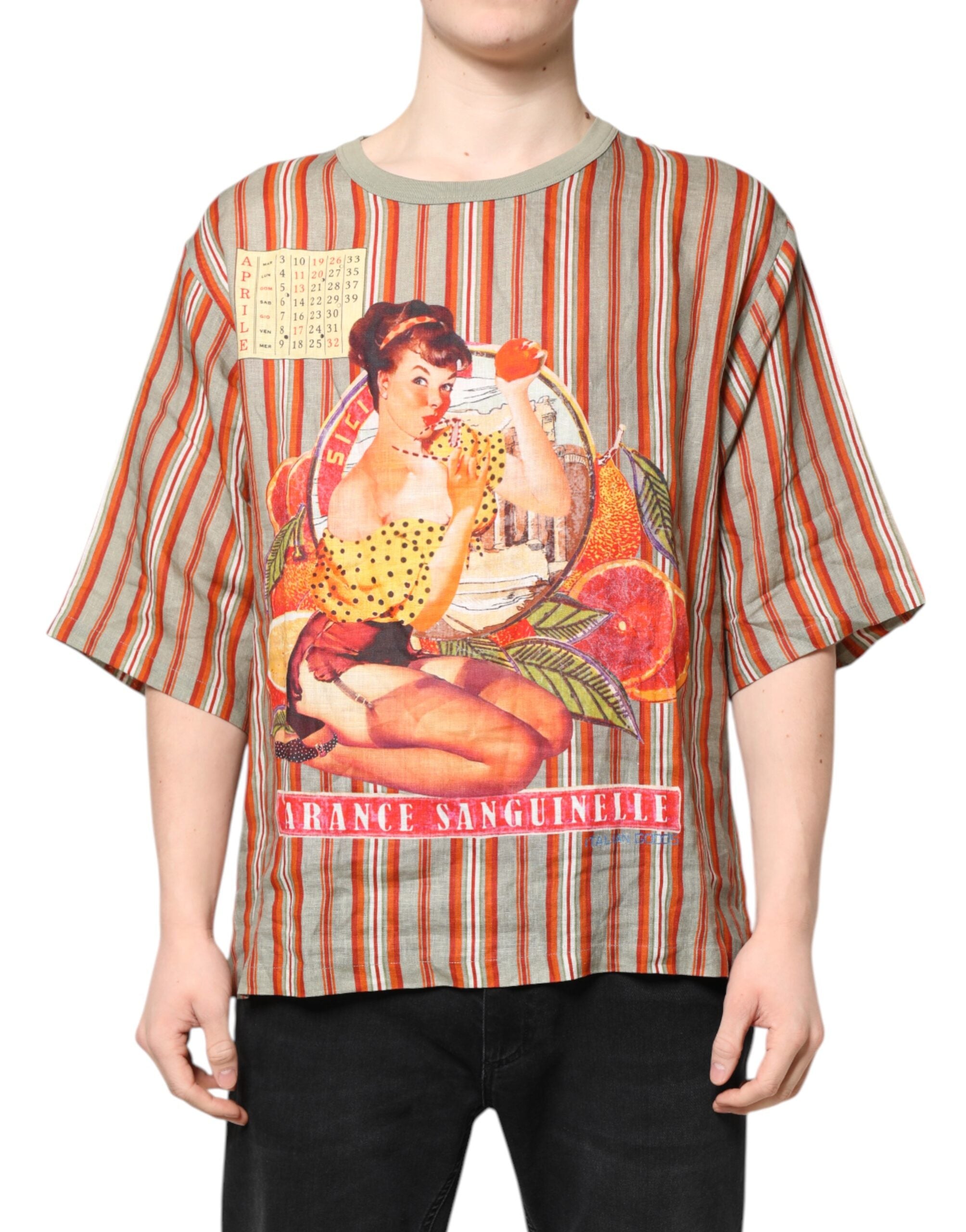 Dolce & Gabbana Mehrfarbig gestreiftes grafisches Leinen-T-Shirt mit Rundhalsausschnitt