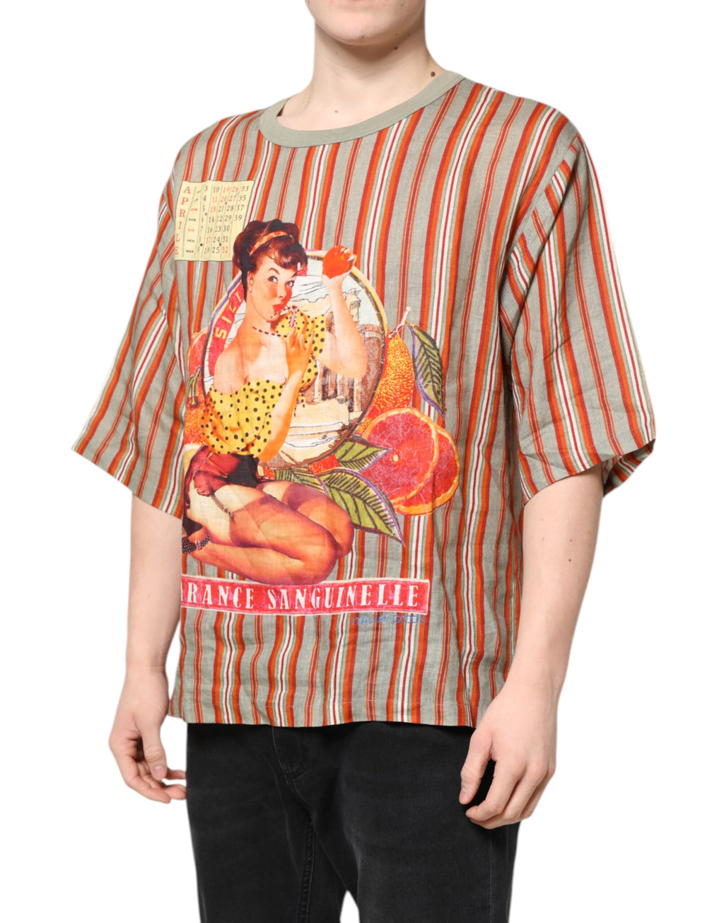 Dolce & Gabbana Mehrfarbig gestreiftes grafisches Leinen-T-Shirt mit Rundhalsausschnitt