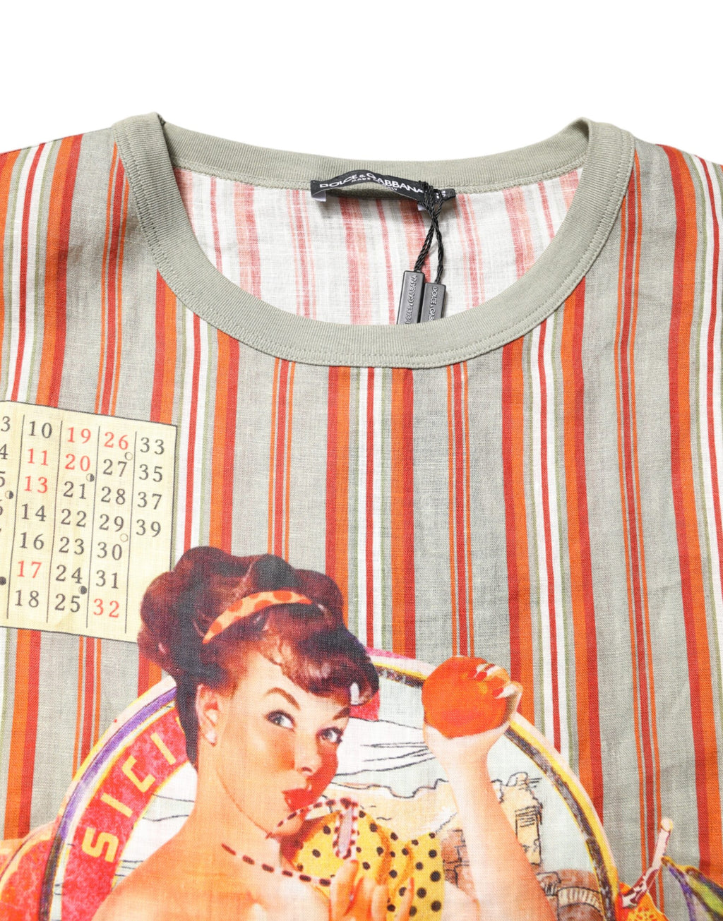 Dolce & Gabbana Mehrfarbig gestreiftes grafisches Leinen-T-Shirt mit Rundhalsausschnitt