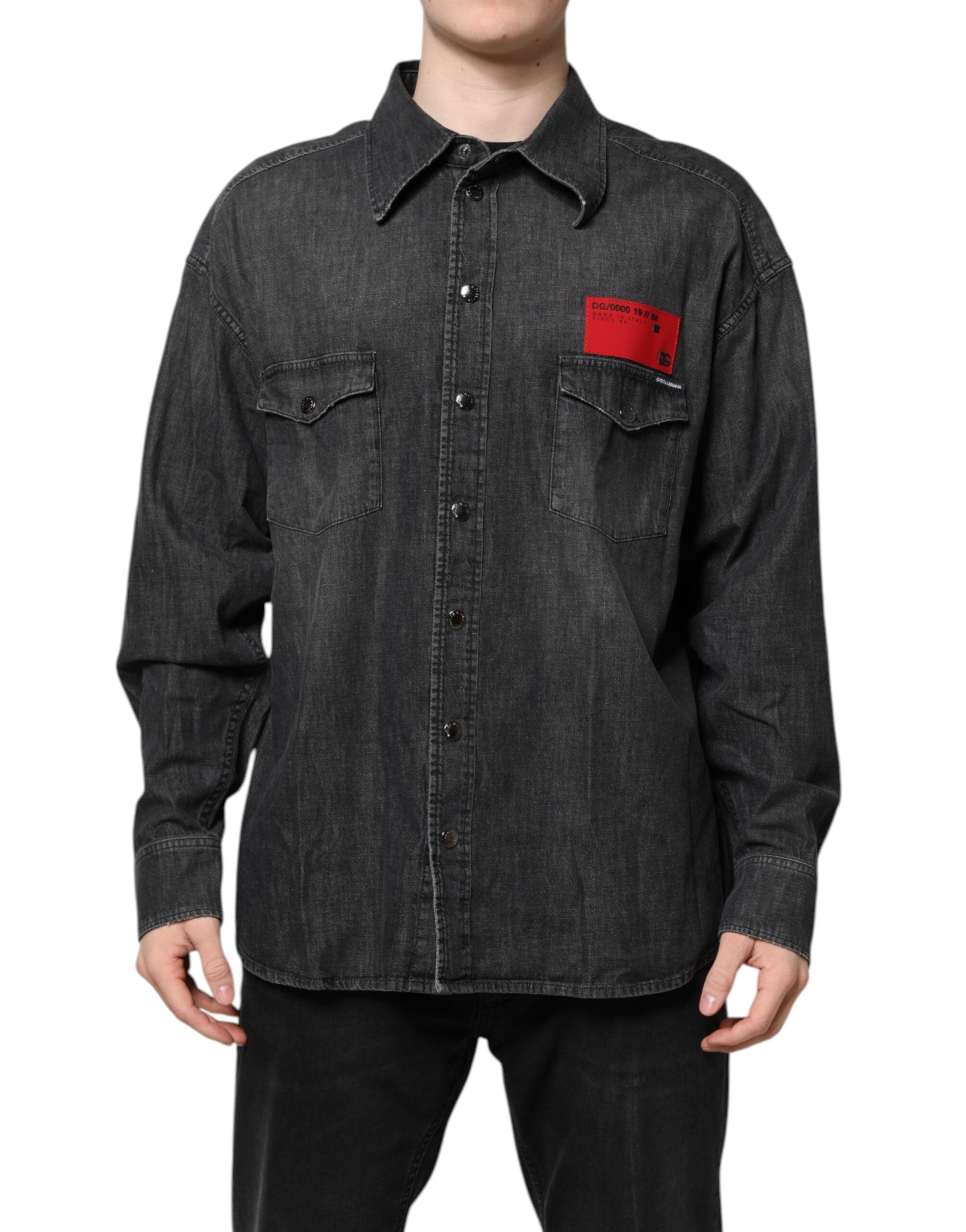 Dolce & Gabbana Graues Denim-Hemd mit langen Ärmeln und Knopfleiste