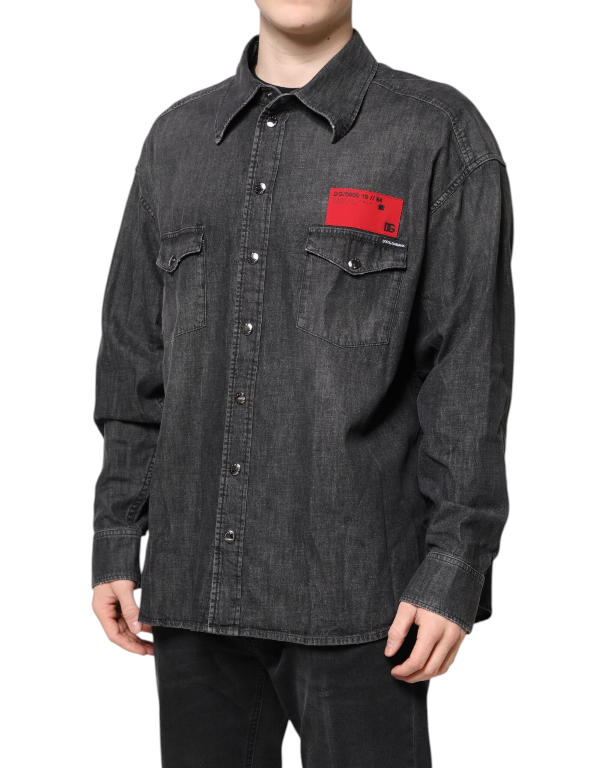 Dolce & Gabbana Graues Denim-Hemd mit langen Ärmeln und Knopfleiste
