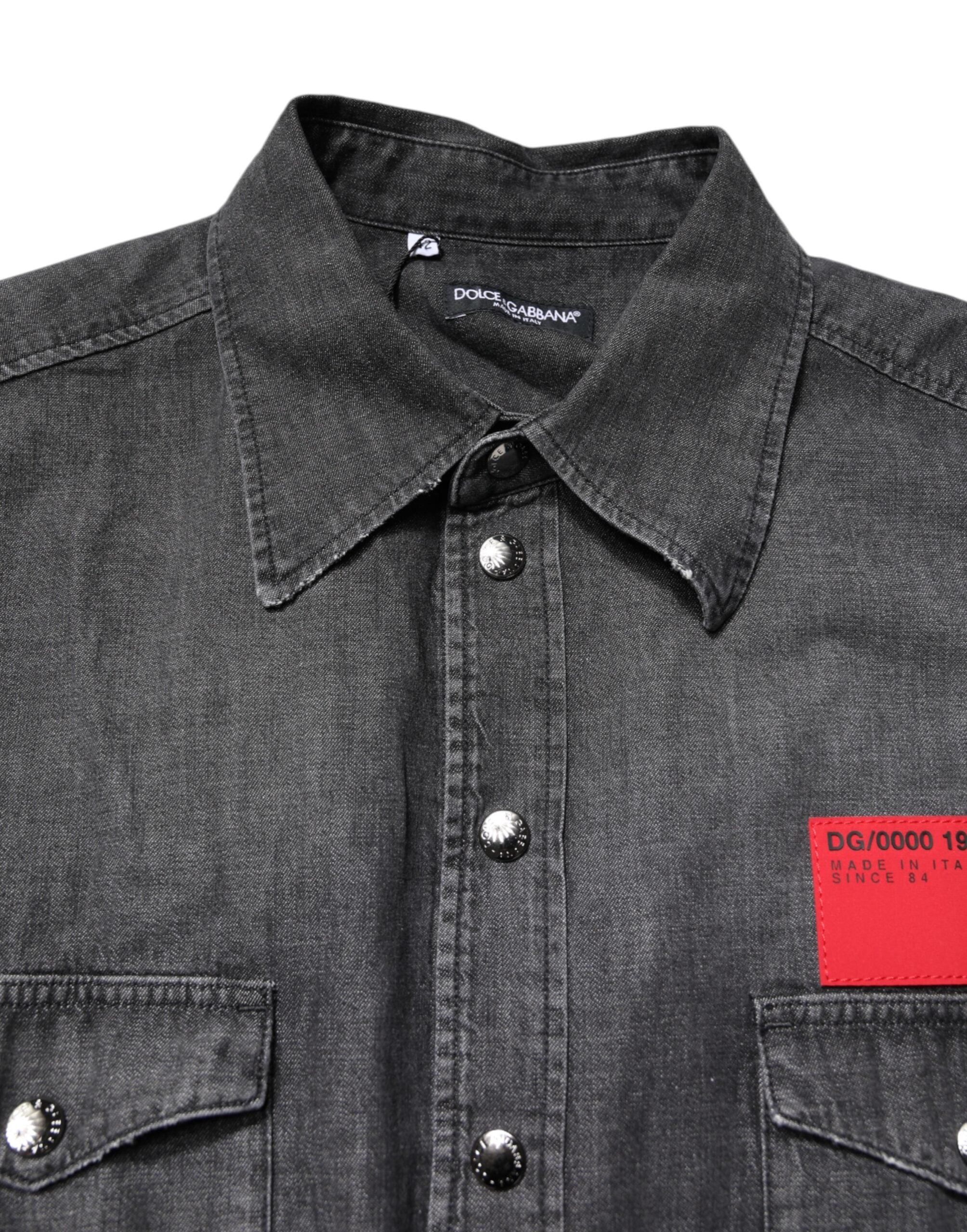 Dolce & Gabbana Graues Denim-Hemd mit langen Ärmeln und Knopfleiste