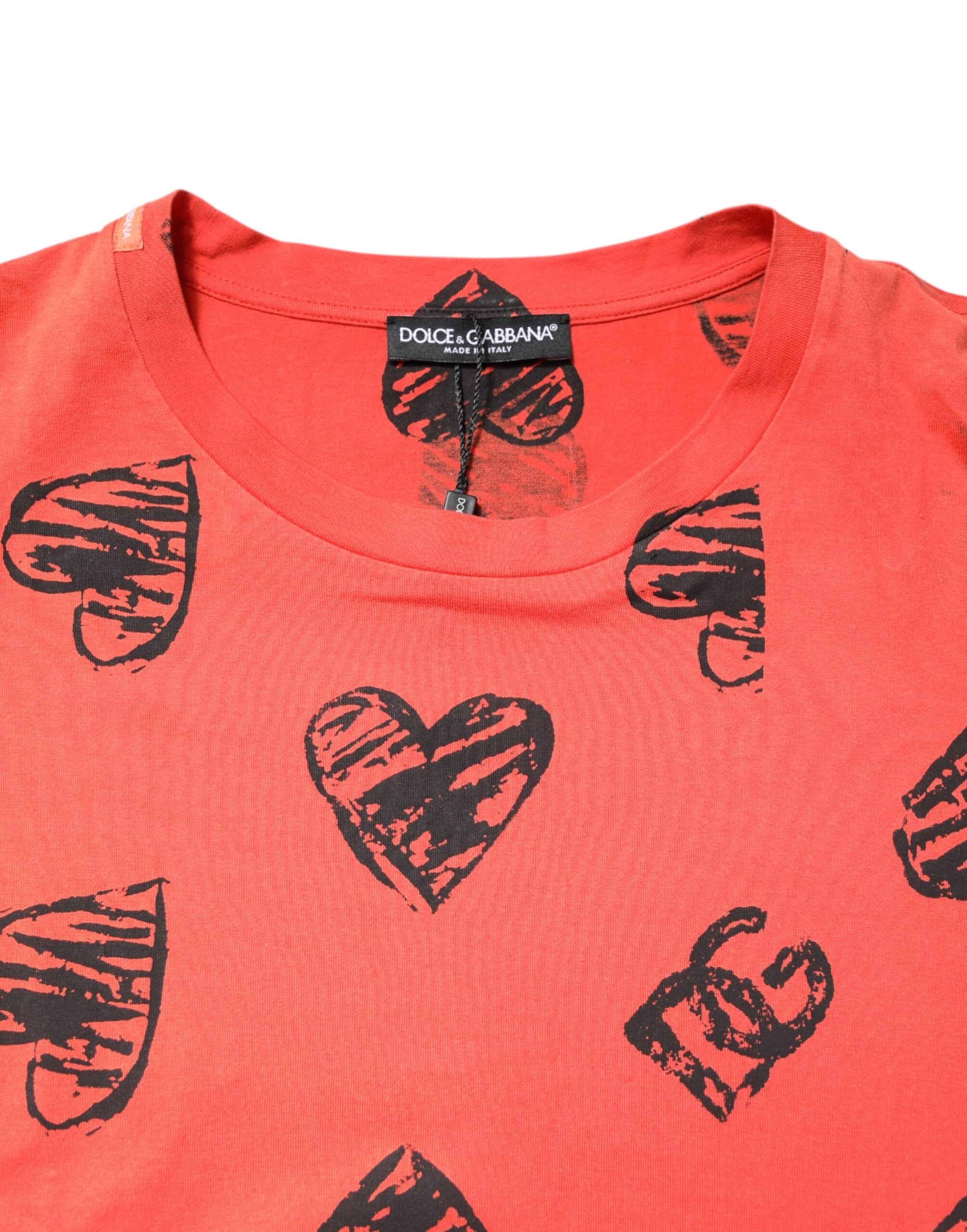 Dolce & Gabbana Rotes Baumwoll-T-Shirt mit kurzen Ärmeln und DG Heart Logo
