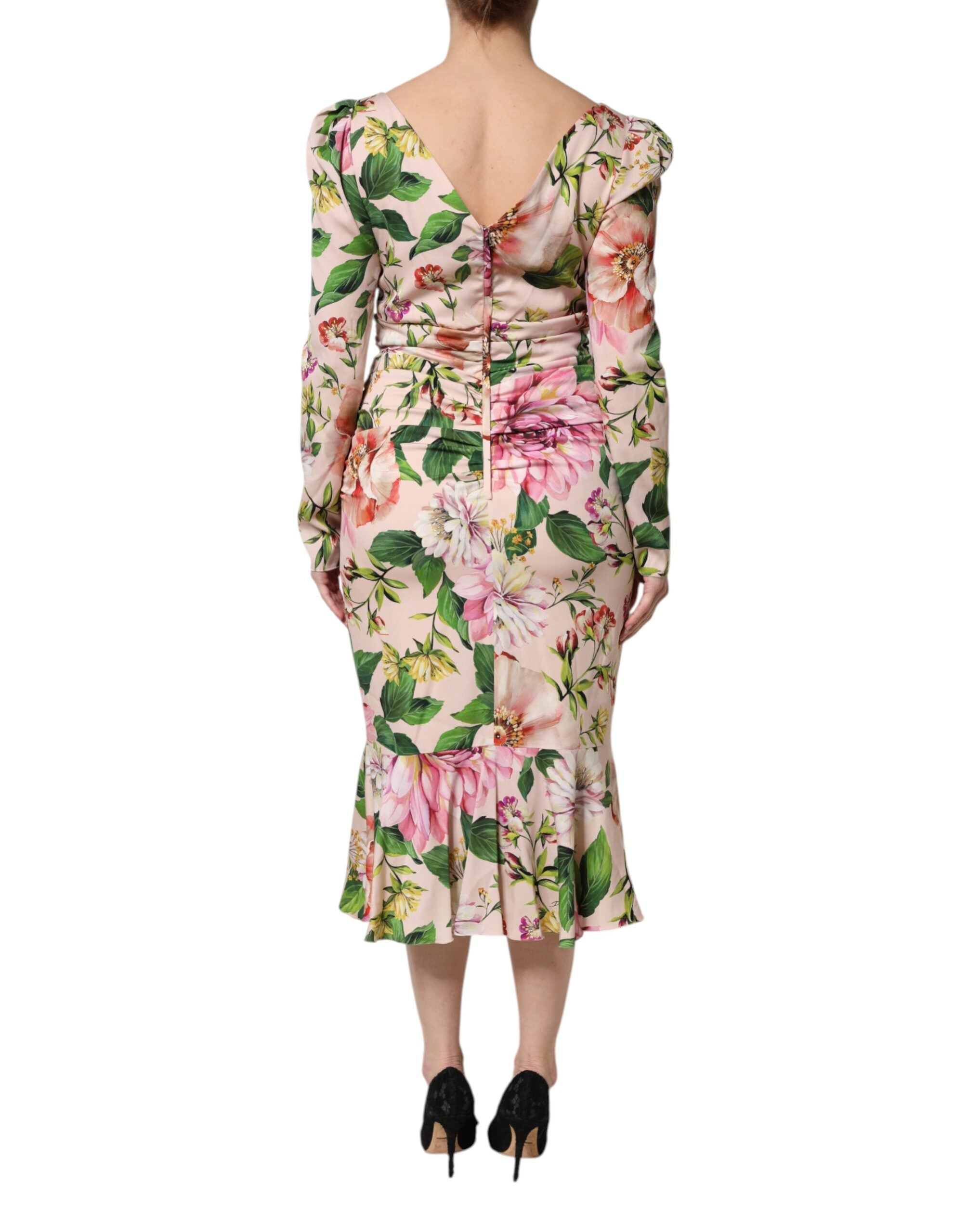 Dolce & Gabbana Rosa geblümtes Midikleid aus Seide mit ausgestelltem Rock