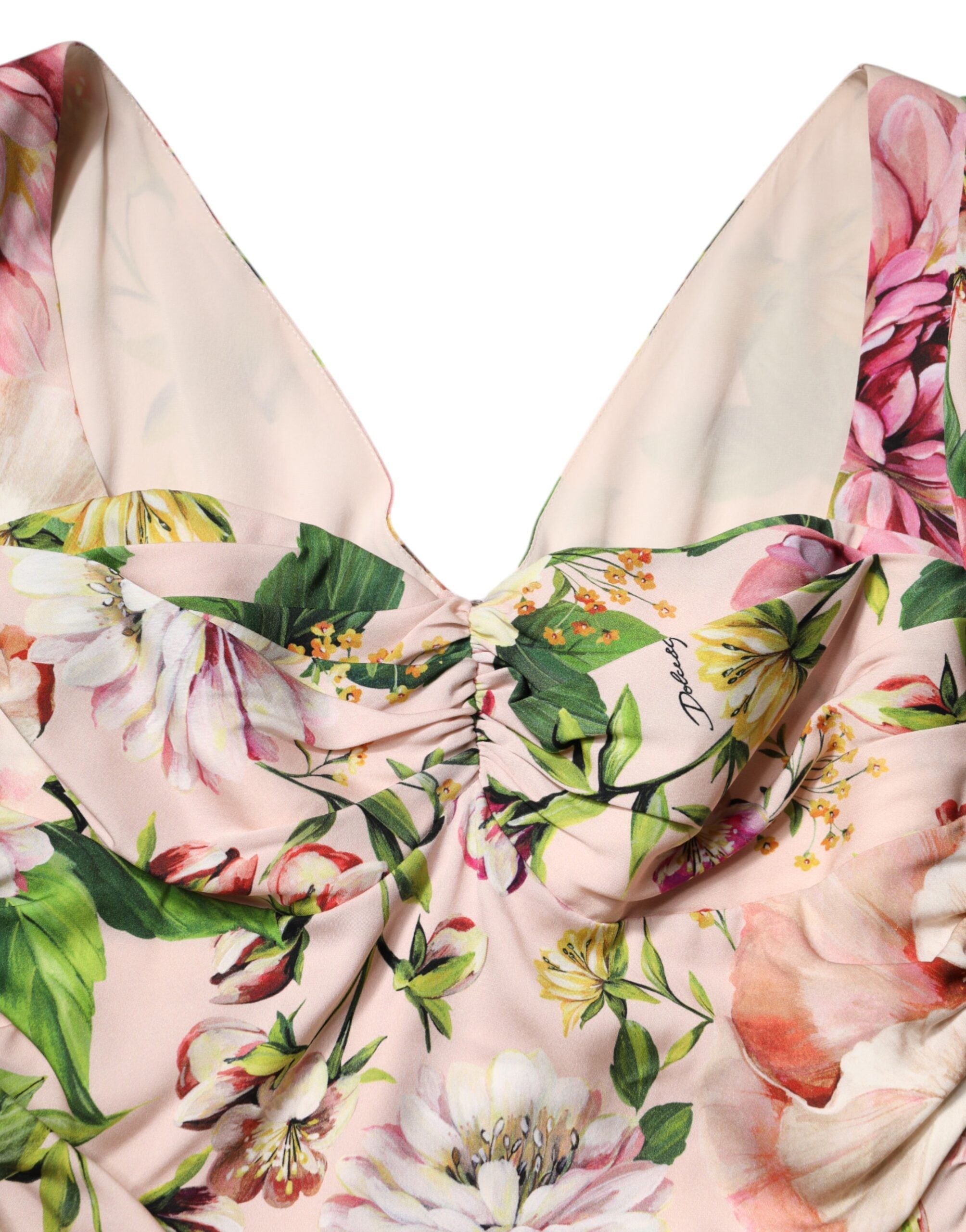 Dolce & Gabbana Rosa geblümtes Midikleid aus Seide mit ausgestelltem Rock