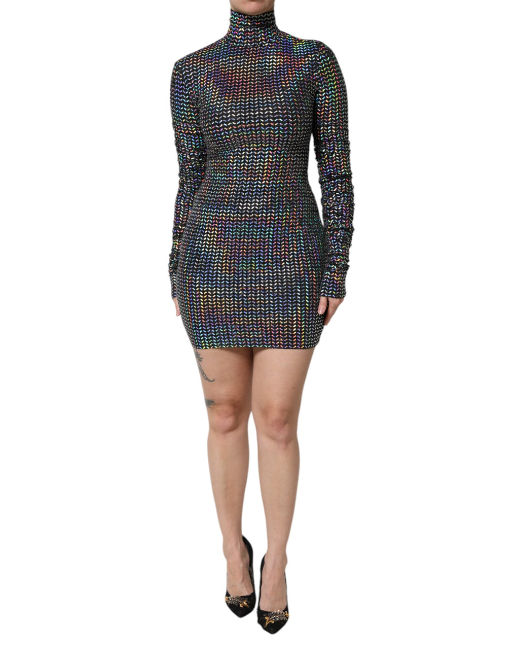 Dolce & Gabbana Schwarzes verschönertes Nylon-Bodycon-Minikleid