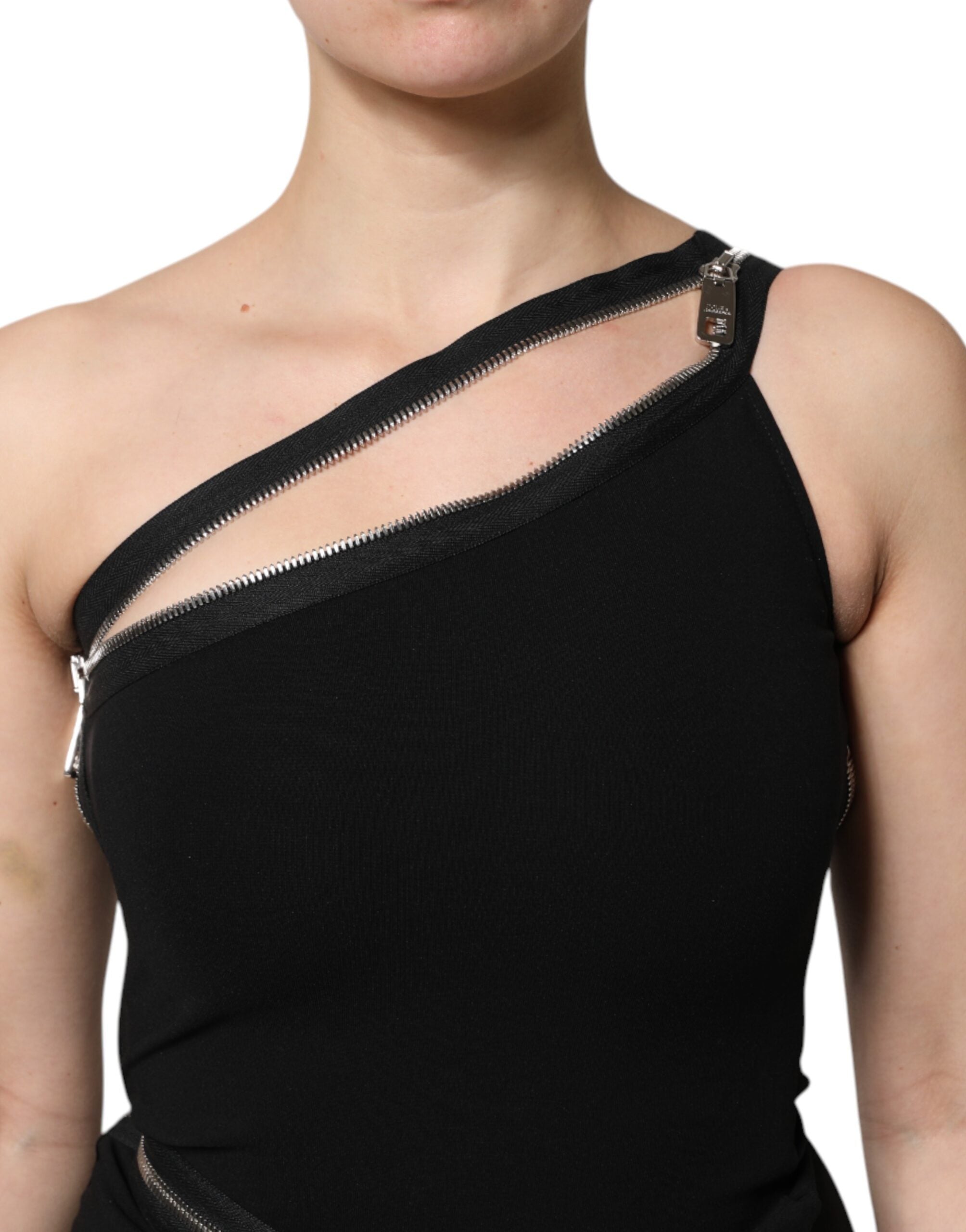 Dolce & Gabbana Schwarzes Viskose Etuikleid mit Reißverschluss und einer Schulter