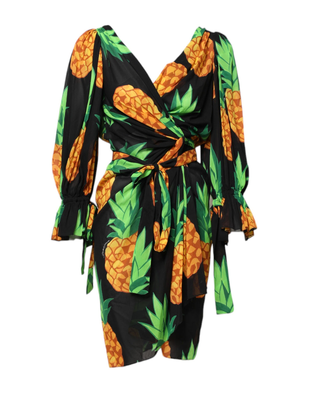 Dolce & Gabbana Zwarte Zijden Wikkeljurk met Ananasprint