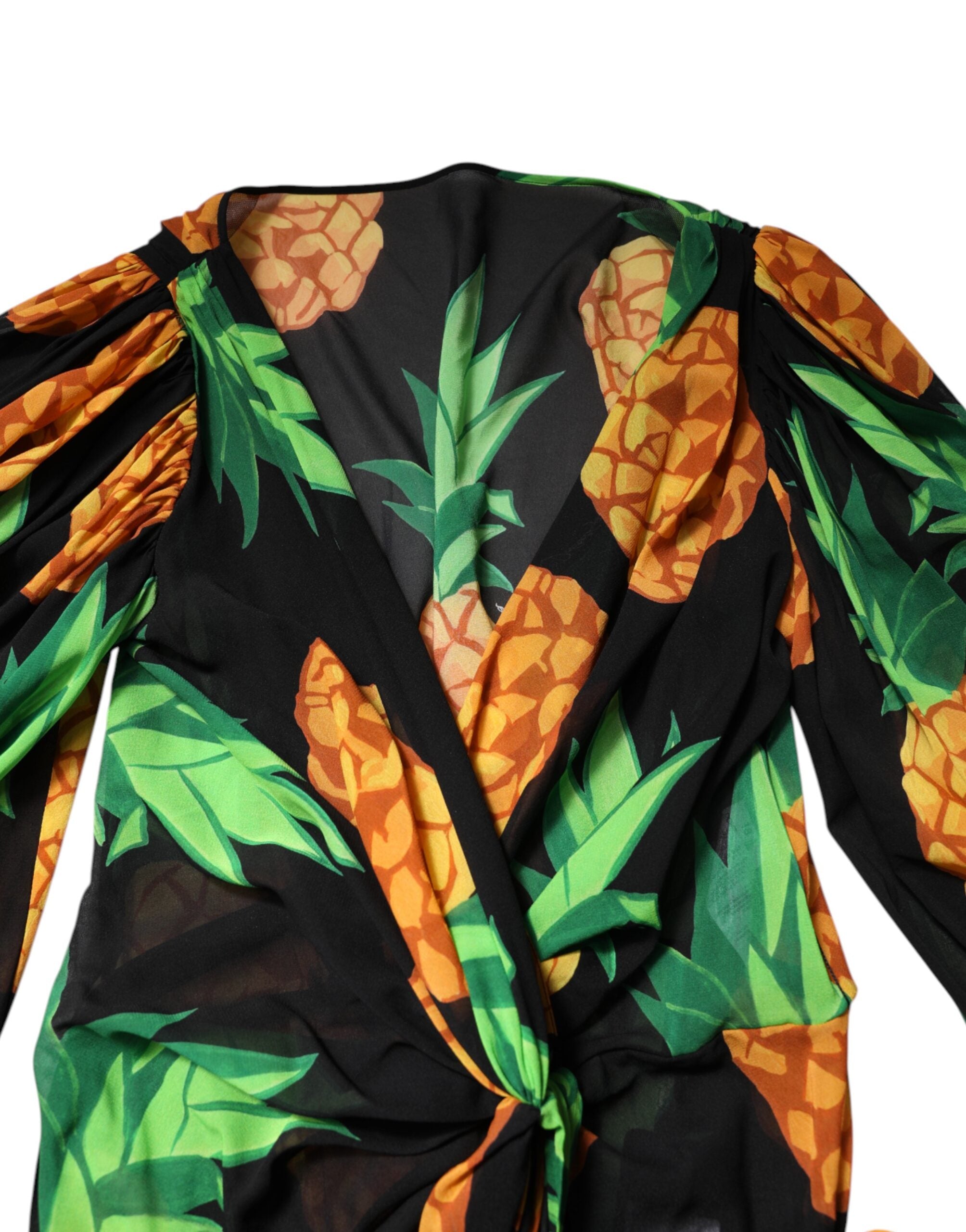 Dolce & Gabbana Schwarzes Seiden-Wickelminikleid mit Ananas-Print