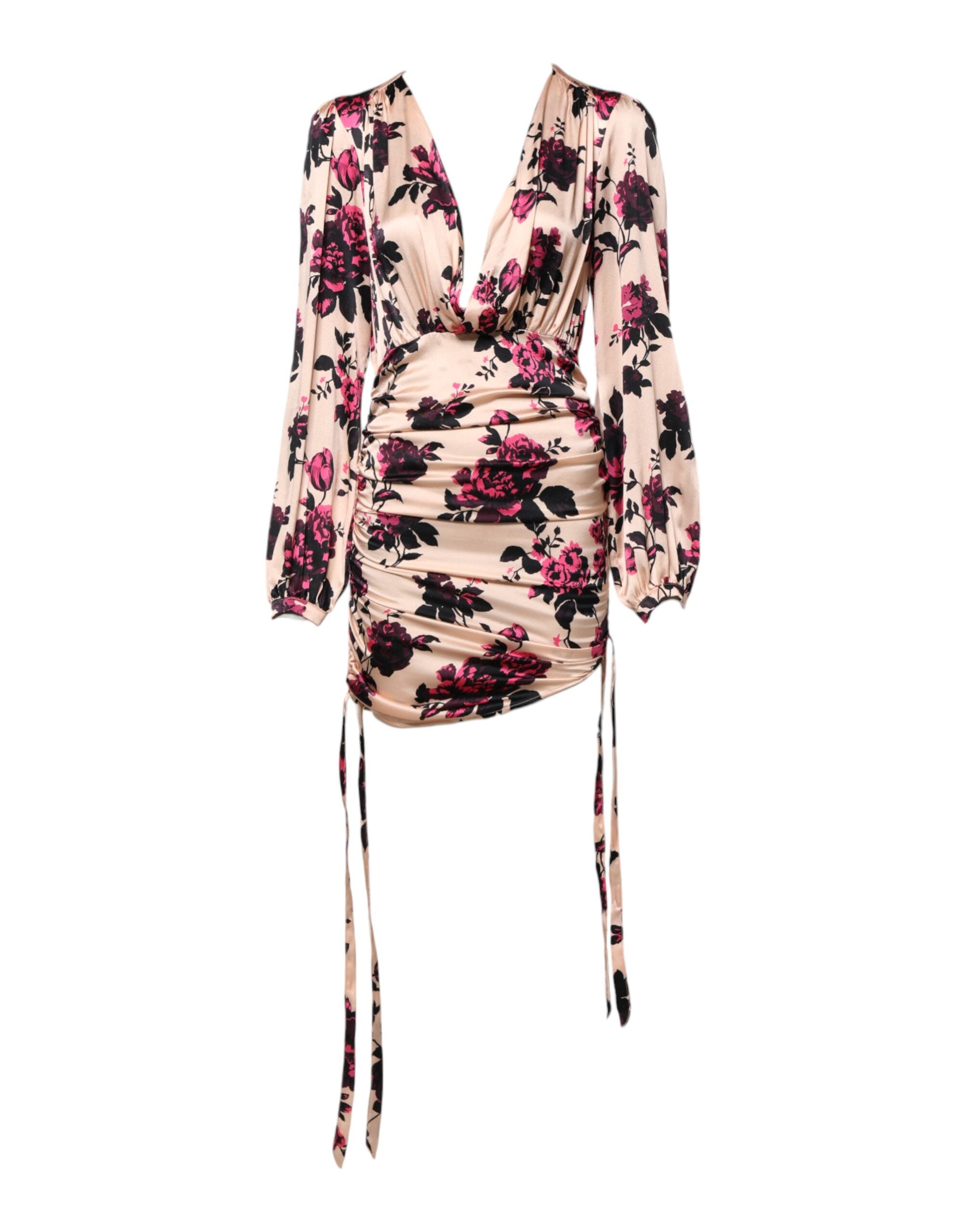 Laneus Rosa geblümtes Seidenkleid mit langen Ärmeln und gerafftem V-Ausschnitt