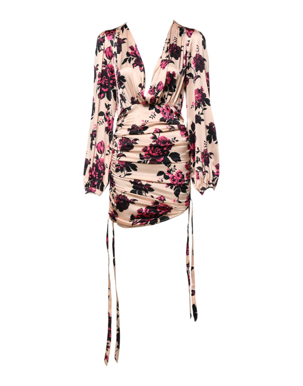 Laneus Rosa geblümtes Seidenkleid mit langen Ärmeln und gerafftem V-Ausschnitt