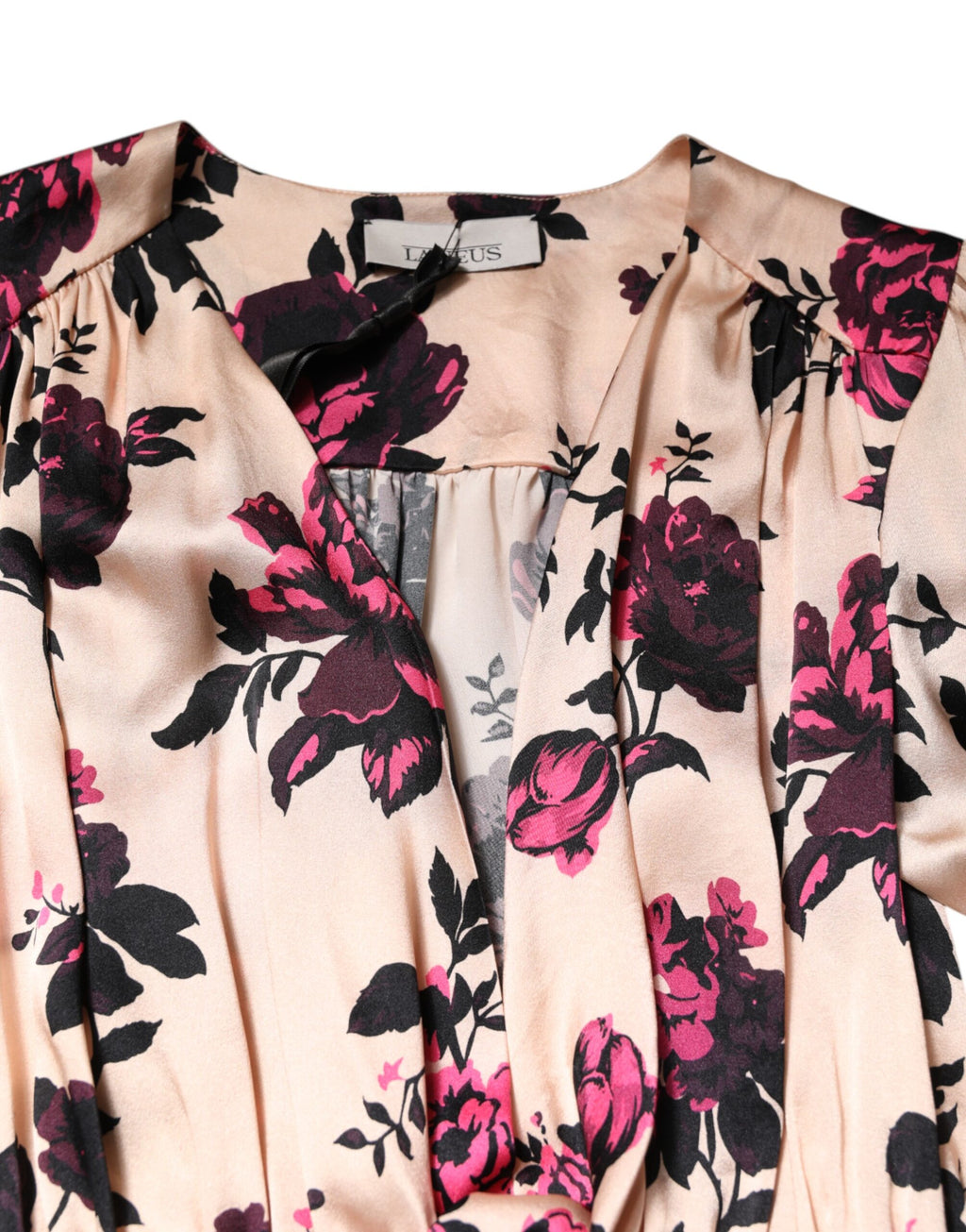 Laneus Rosa geblümtes Seidenkleid mit langen Ärmeln und gerafftem V-Ausschnitt