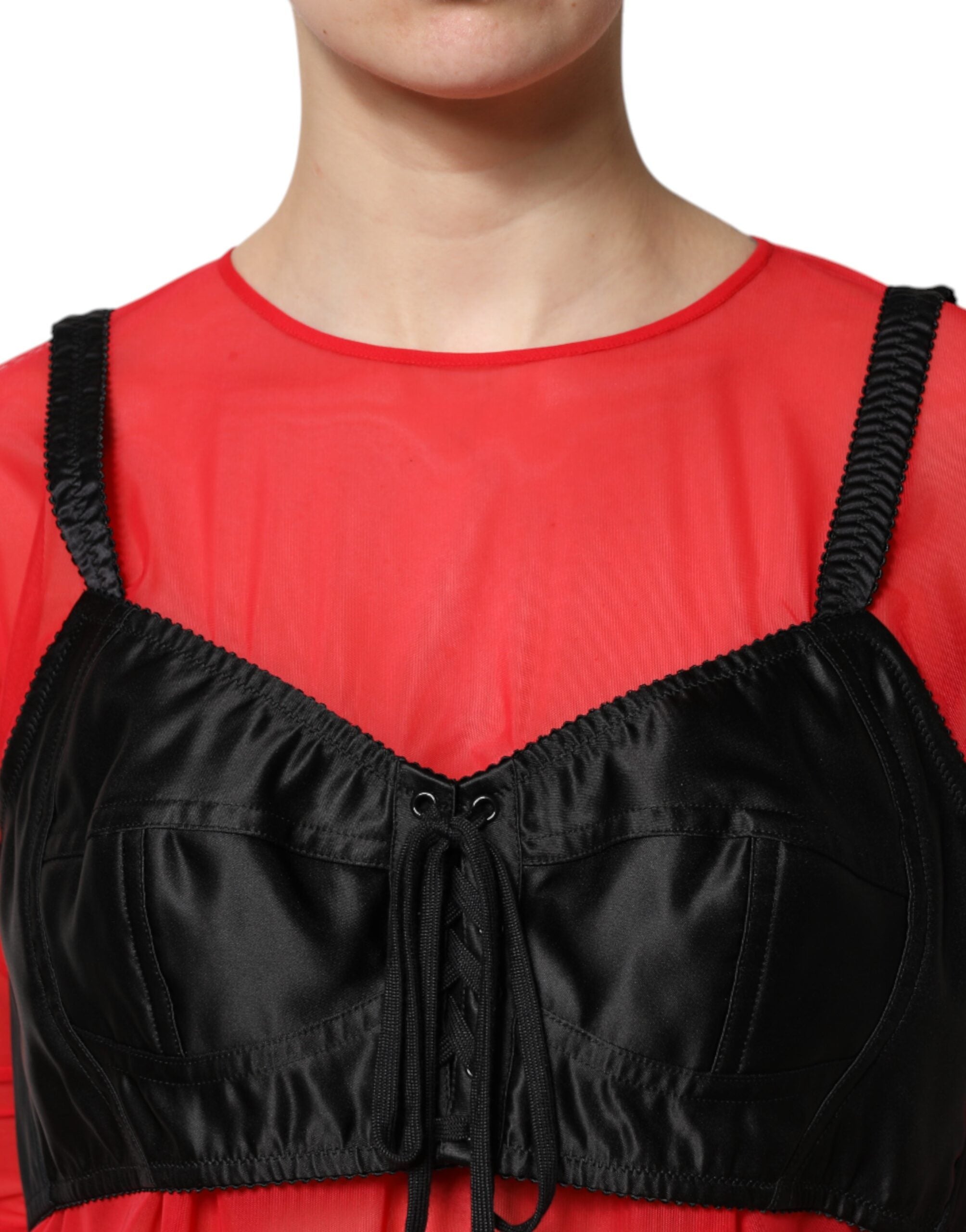 Dolce & Gabbana Rotes Schwarzes Bustier Detailing Langärmeliges Top