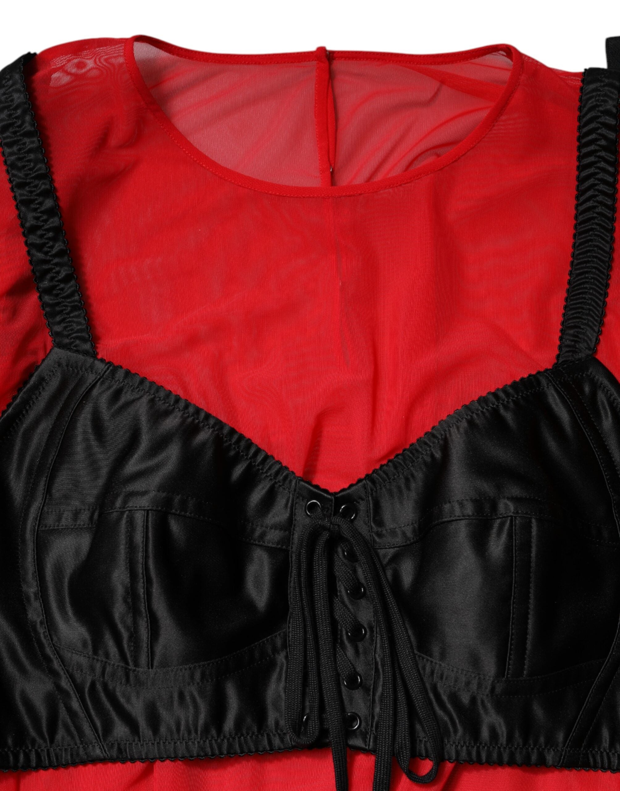 Dolce & Gabbana Rotes Schwarzes Bustier Detailing Langärmeliges Top