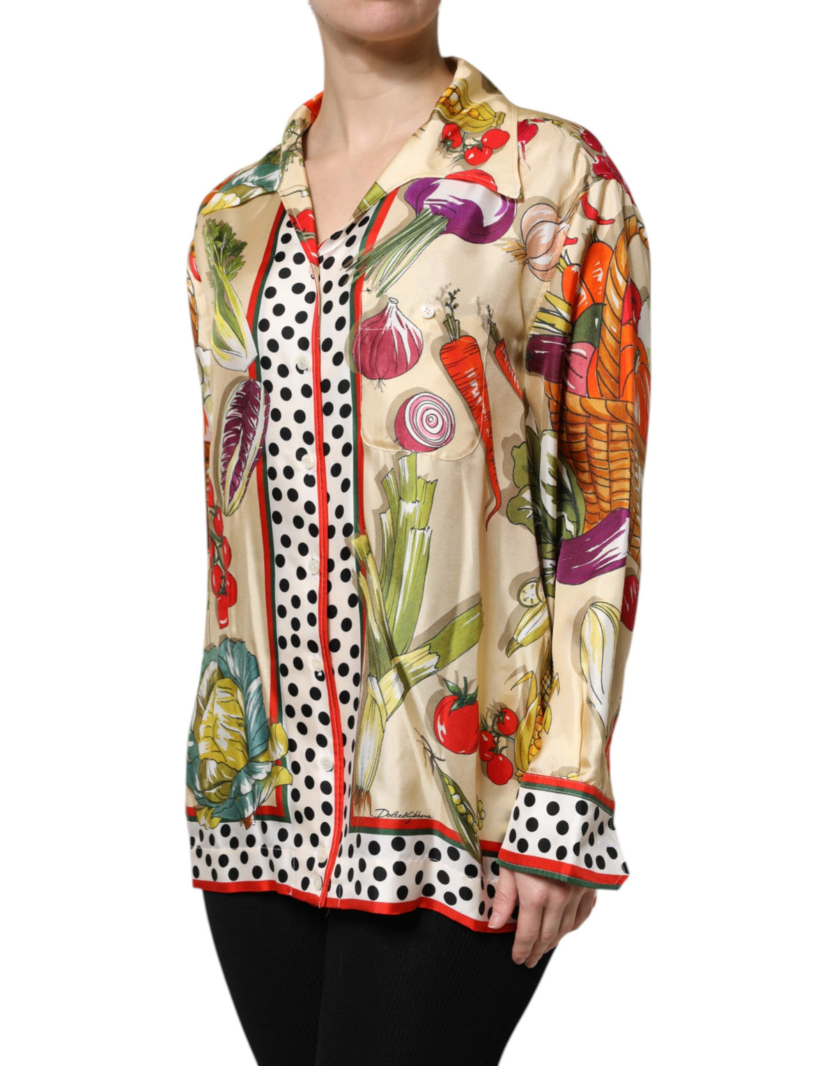 Dolce & Gabbana Seidentop mit langen Ärmeln und mehrfarbigem Gemüseprint