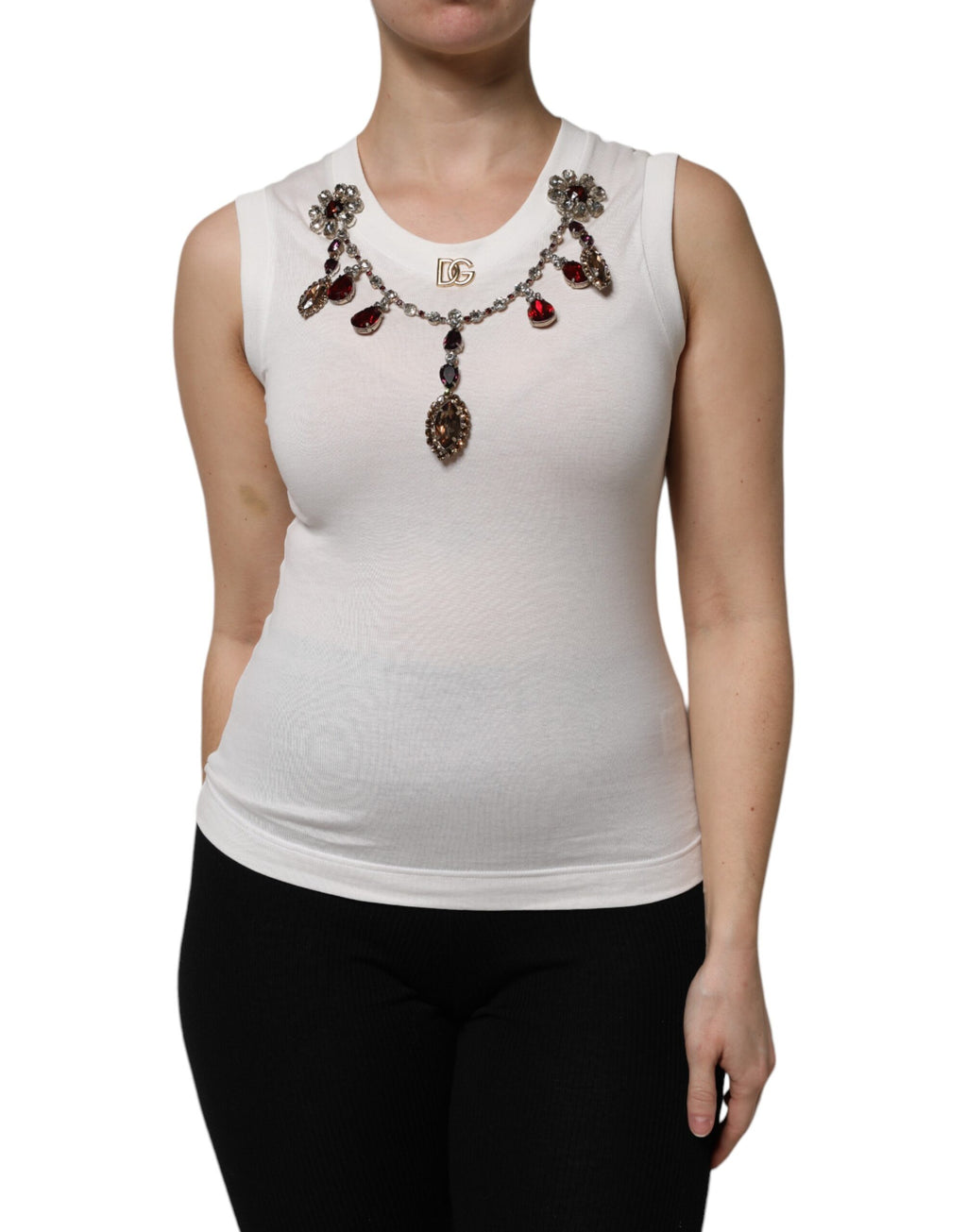 Dolce & Gabbana Weißes Baumwoll-Top mit Logo-Kristallverzierung