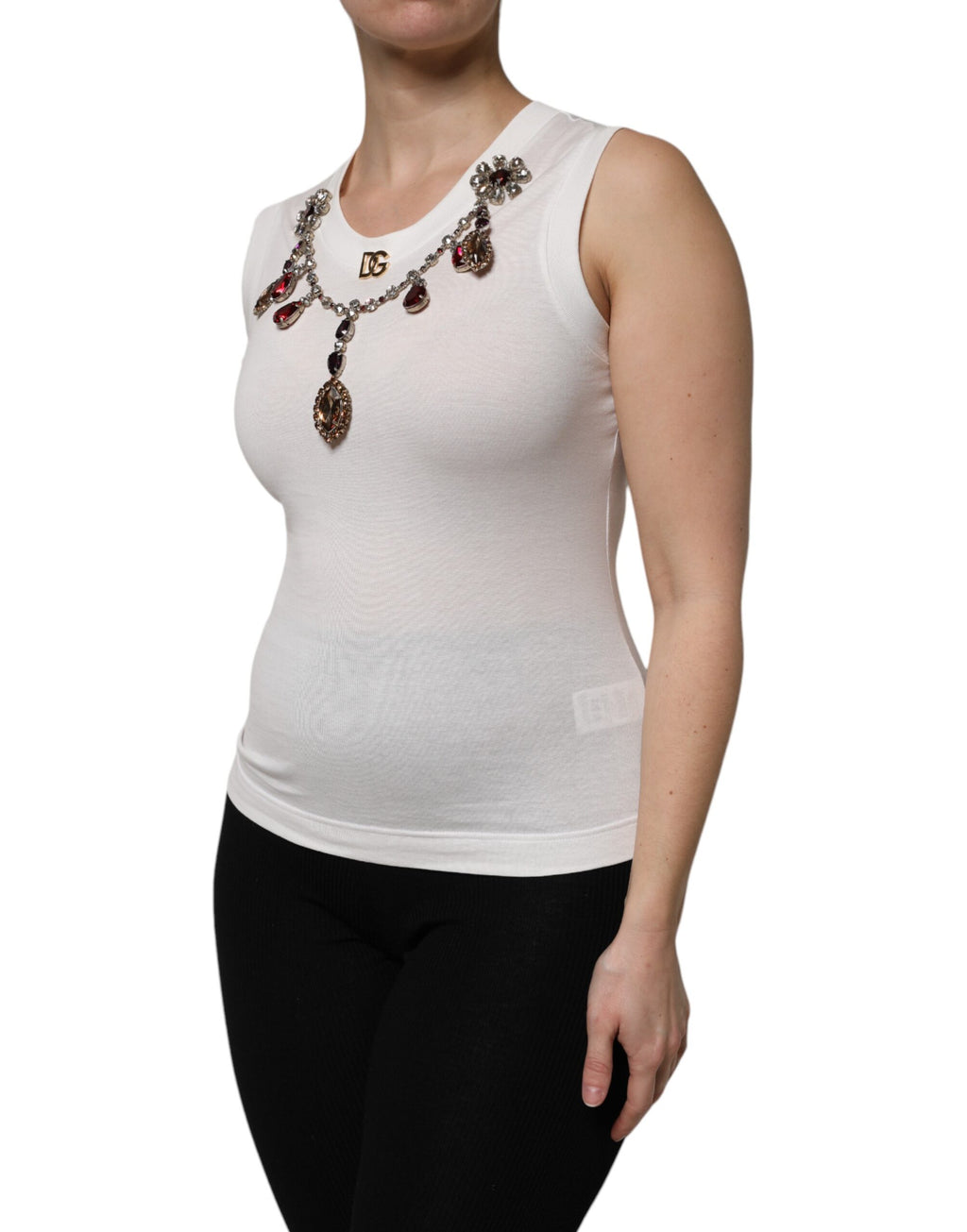Dolce & Gabbana Weißes Baumwoll-Top mit Logo-Kristallverzierung